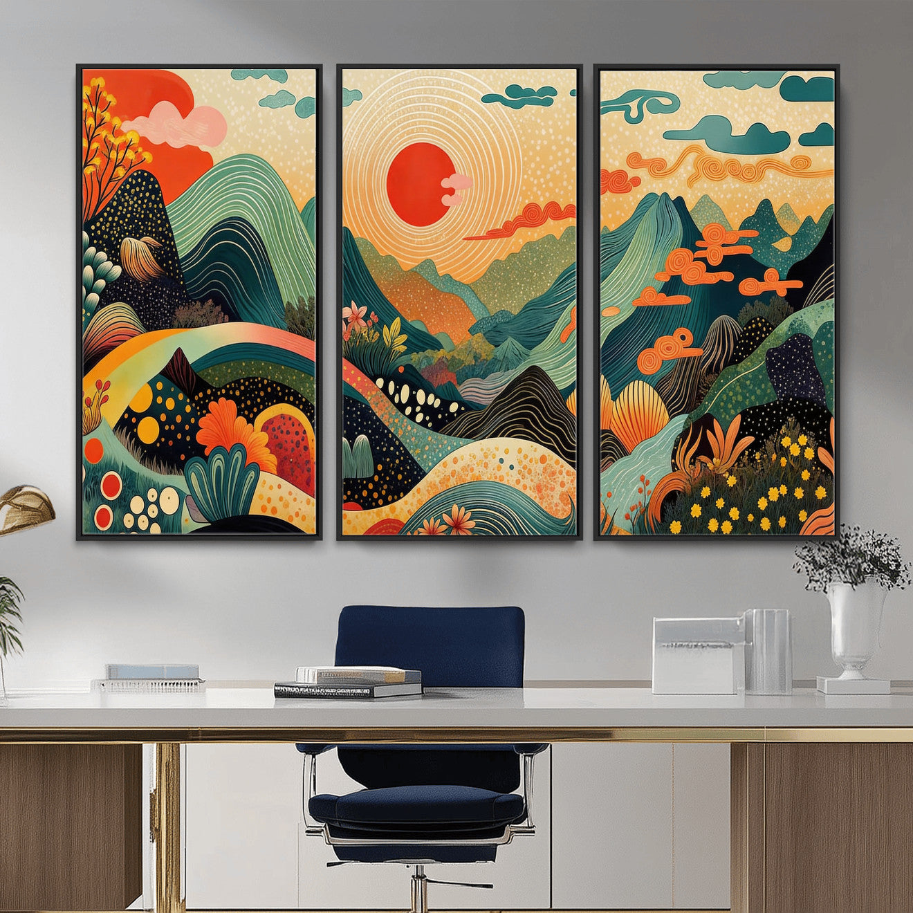 29927191-MGV-CV-36X24 - Yayoi Kusama Boho Mountain Landscape Large Wall Art, Horizontal Gold Framed Canvas Print with Sun and Flowers