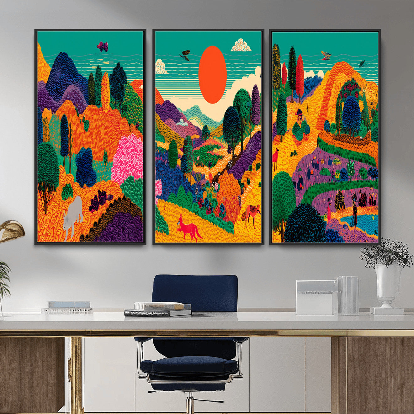 45710397-MGV-CV-48X32-3P - Colorful Japanese Landscape Print: Maximalist Panoramic Wall Art