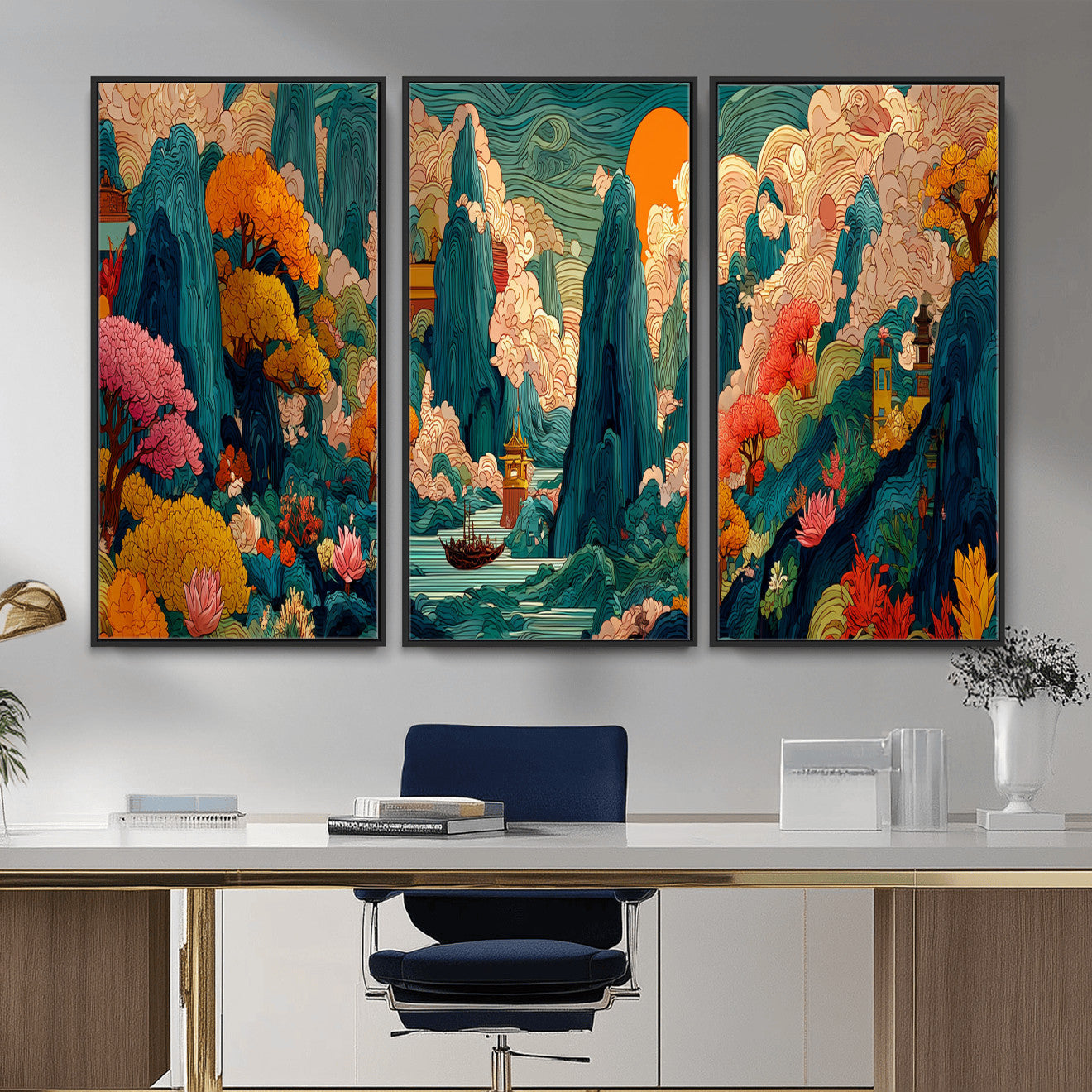 90422518-MGV-CV-48X32-3P - Colorful Japanese Landscape Print: Maximalist Panoramic Wall Art
