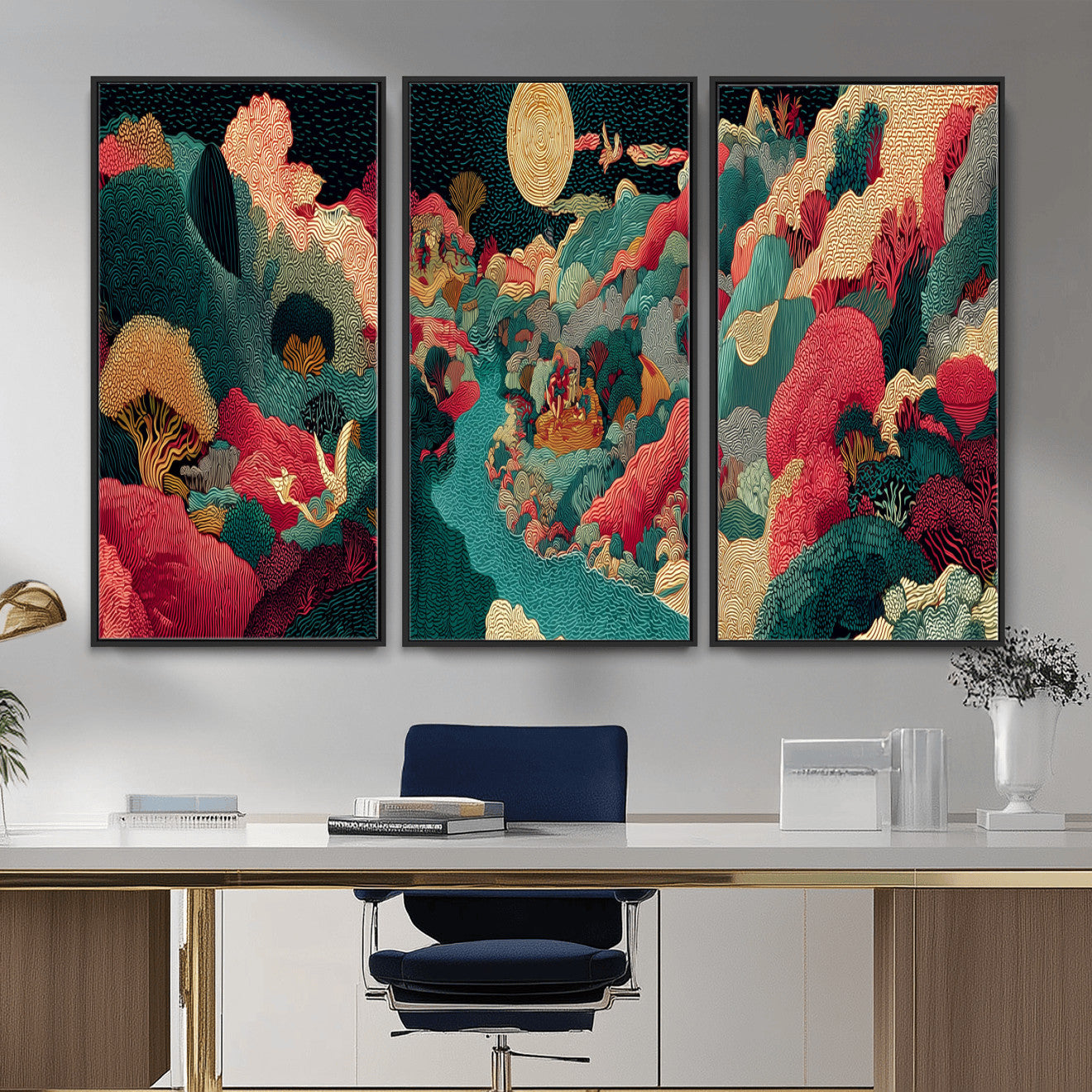 36816259-MGV-CV-48X32-3P - Colorful Japanese Landscape Print: Maximalist Panoramic Wall Art
