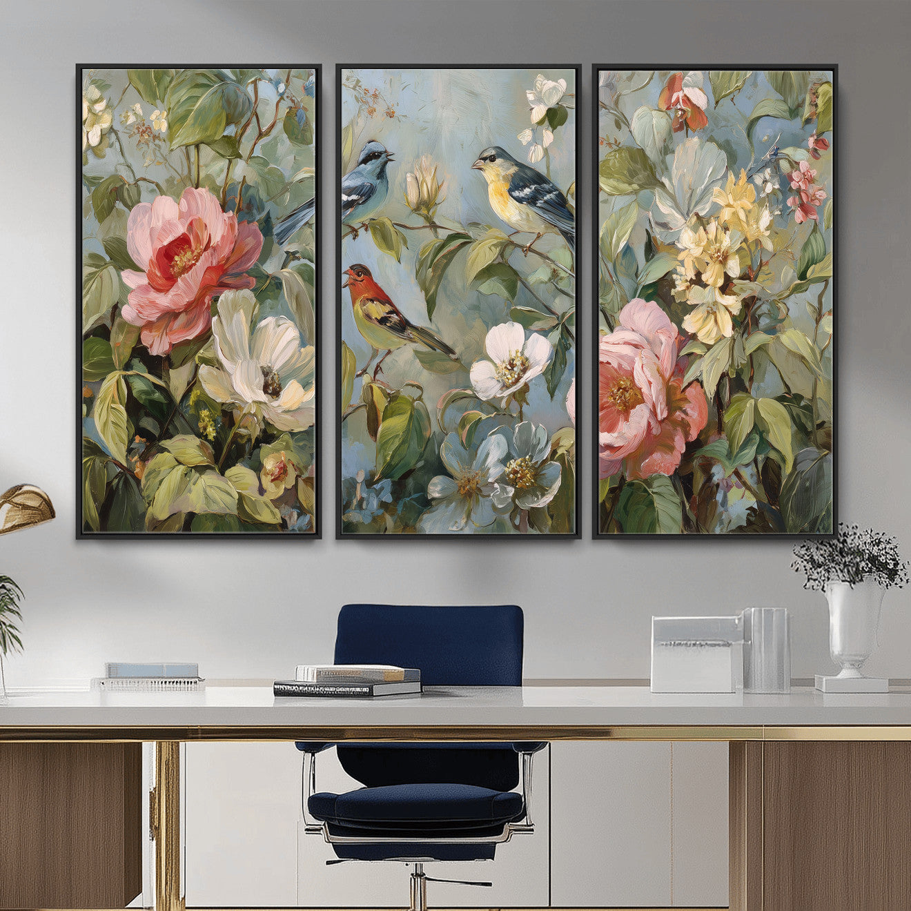 55440837-MGV-CV-36X24 - Vintage Birds and Flowers Wall Art Canvas Print, Botanical Bird Painting Canvas Print, Floral Garden Bird Artwork Canvas Print, Classic Bird Flower Painting Canvas Print