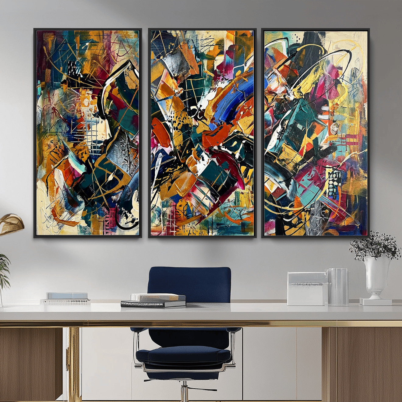 15525527-MGV-CV-36X24 - Geometric Abstract Wall Art Canvas Print, Orange Blue Abstract Expressionist Painting Print, Modern Geometric Abstract Canvas Art