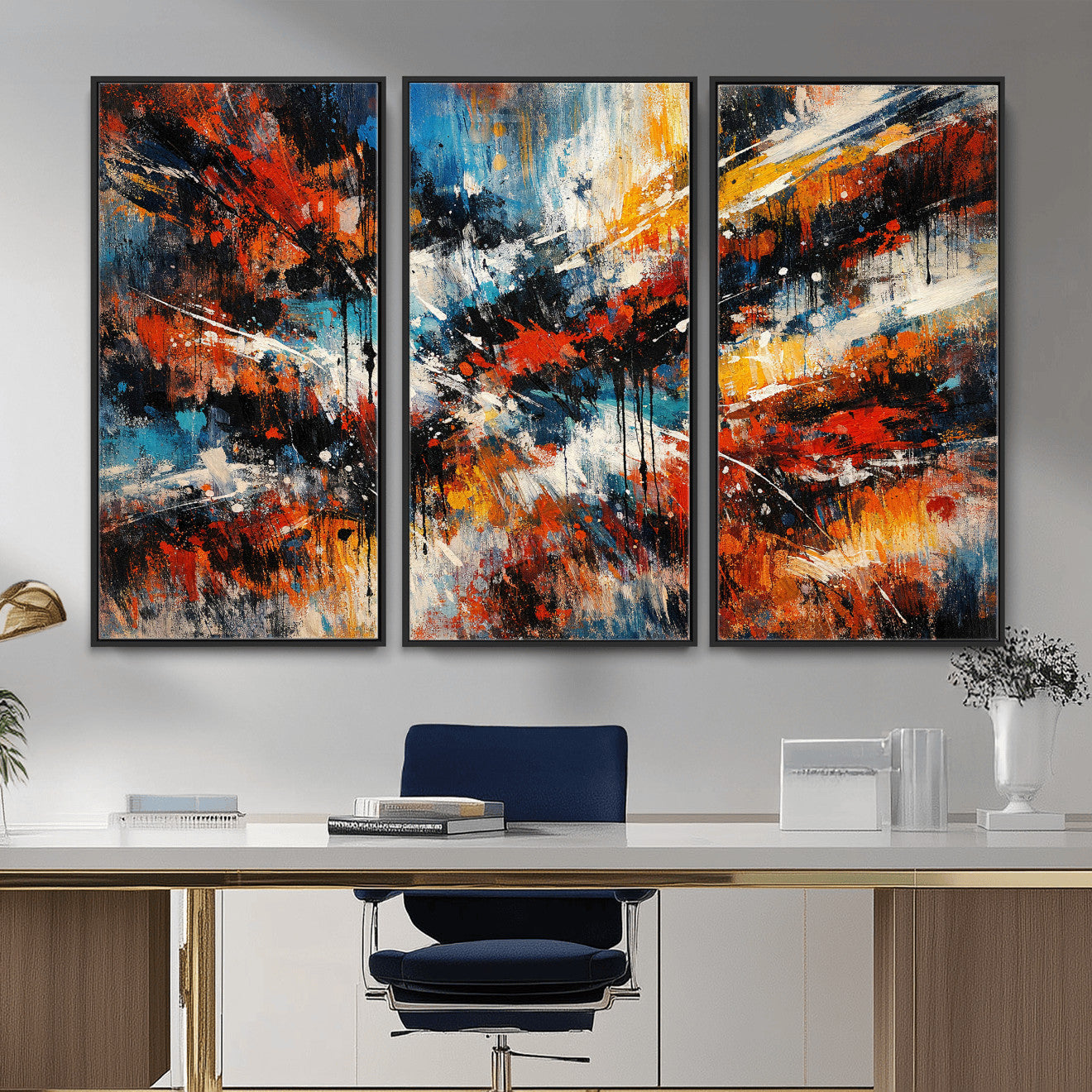 80276069-MGV-CV-36X24 - Geometric Abstract Wall Art Canvas Print, Orange Blue Abstract Expressionist Painting Print, Modern Geometric Abstract Canvas Art