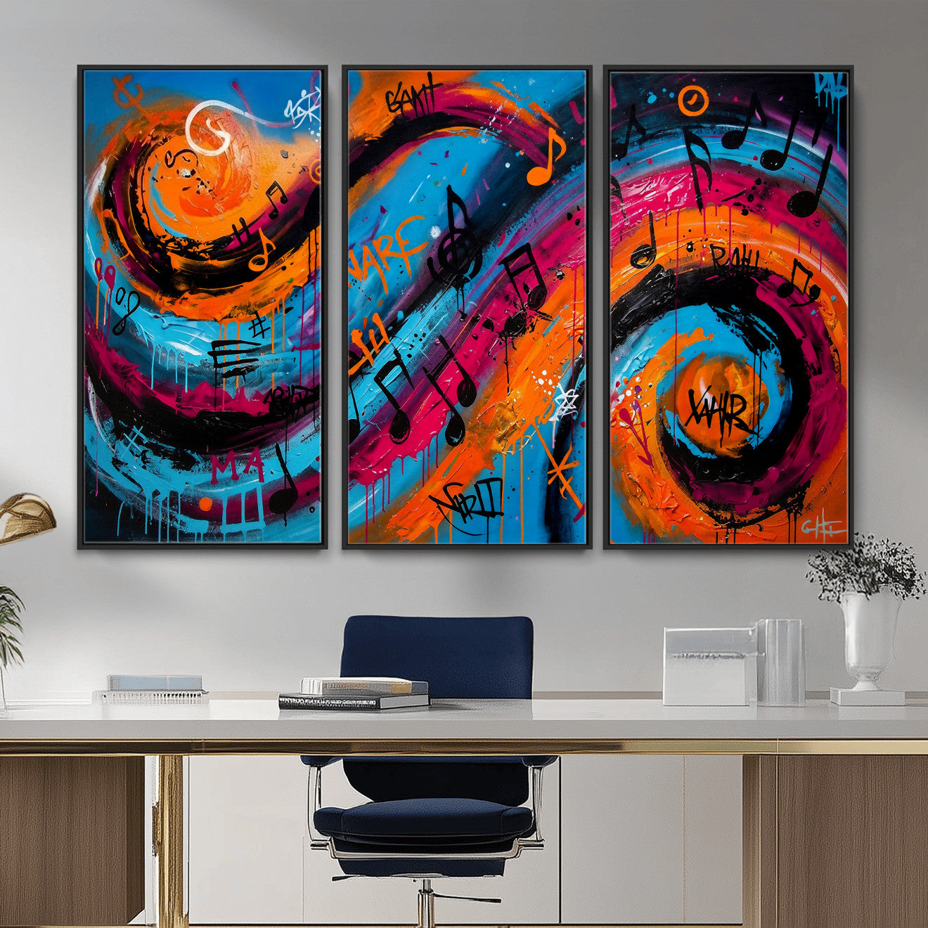 34936518-MGV-CV-36X24 - Geometric Abstract Wall Art Canvas Print, Orange Blue Abstract Expressionist Painting Print, Modern Geometric Abstract Canvas Art