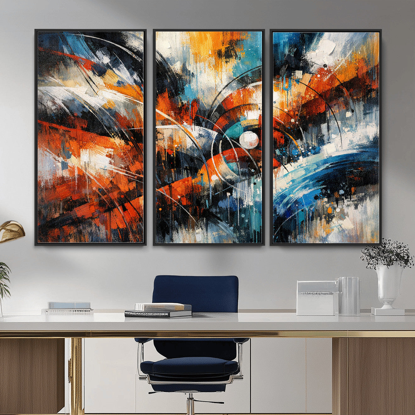 47120691-MGV-CV-36X24 - Geometric Abstract Wall Art Canvas Print, Orange Blue Abstract Expressionist Painting Print, Modern Geometric Abstract Canvas Art