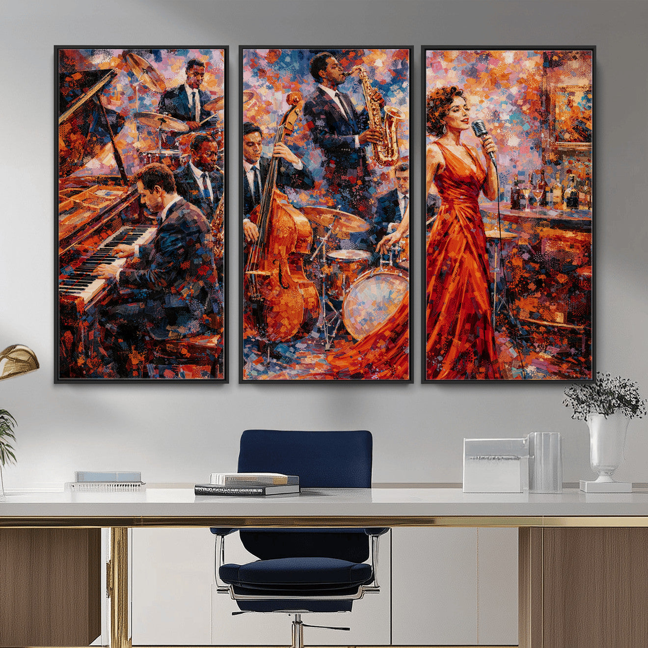 620930SF20-MGV-CV-36X24 - Jazz Band Canvas Wall Art — Jazz Club Singer Saxophone Print | Music Wall Decor | Bar Restaurant Art | Music Lover Gift | Jazz Home Decor