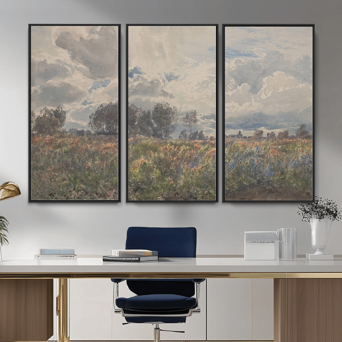 76626885-MGV-CV-36X24 - Vintage Watercolor Meadow Canvas Wall Art — English Pastoral Wildflower Storm Sky Print | Cottagecore Nature Decor | Classic Landscape Gift