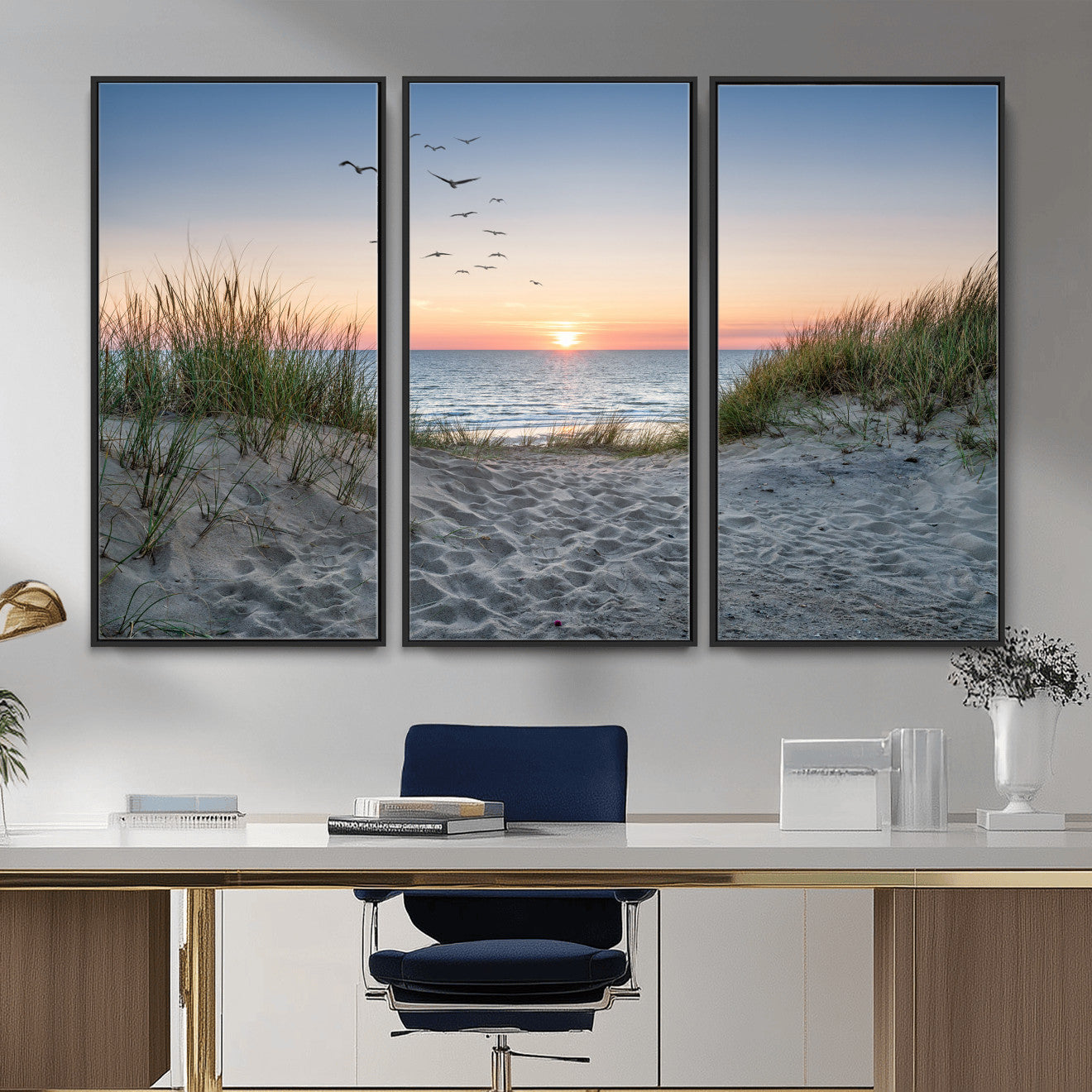 12172032-MGV-CV-36X24 - Sandy Dune Path Sunset Canvas Wall Art — Seagulls Beach Ocean Photography Print | Coastal Home Decor | Nautical Wall Art | Beach House Gift