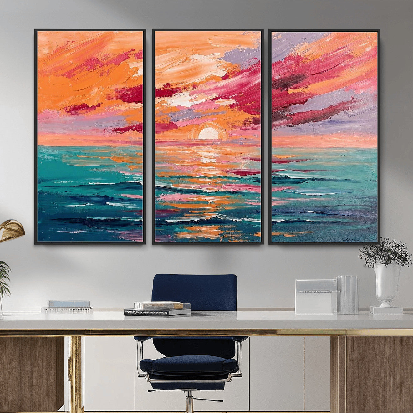 26763902-MGV-CV-36X24 - Bold Palette Knife Ocean Sunset Canvas — Orange Pink Teal Expressionist Sea Print | Colorful Coastal Wall Art | Vibrant Beach Decor Gift