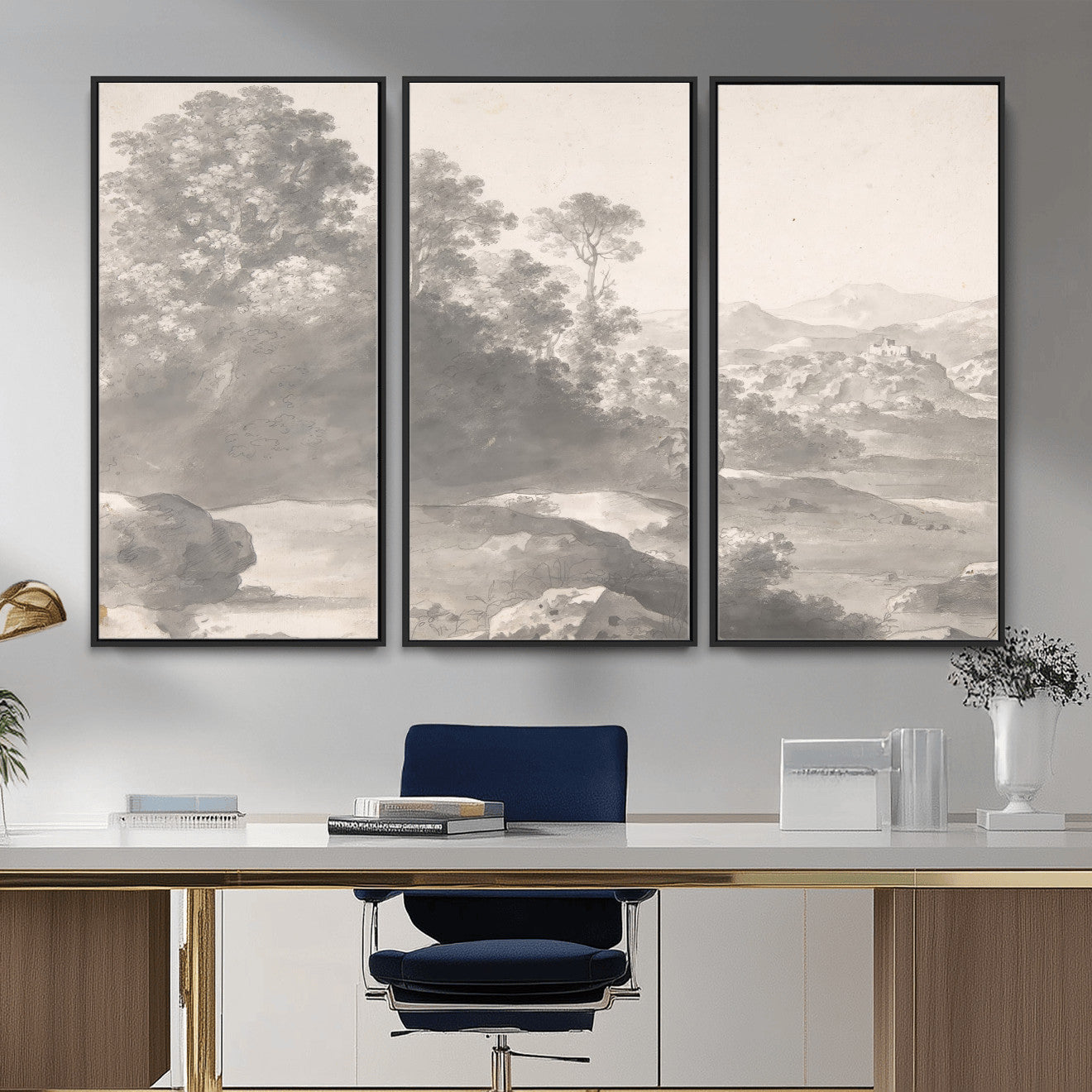 33041209-MGV-CV-36X24 - Van Poelenburch Landscape Canvas Wall Art — Dutch Golden Age Gray Wash Drawing Print | Baroque Italianate Nature Decor | Old Master Classic Gift