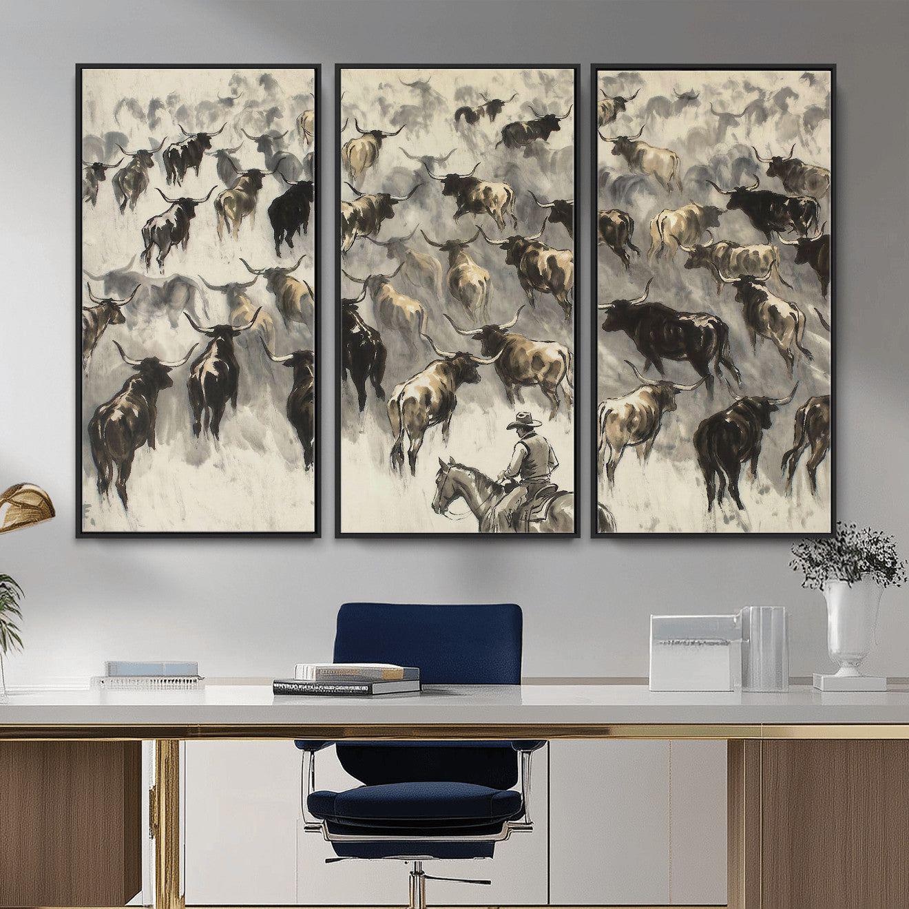 48049876-MGV-CV-36X24 - Cowboy Cattle Drive Canvas Wall Art, Western Longhorn Herd Ink Painting Print, Ranch Rodeo Decor, Black White Western Art, Large Living Room Art