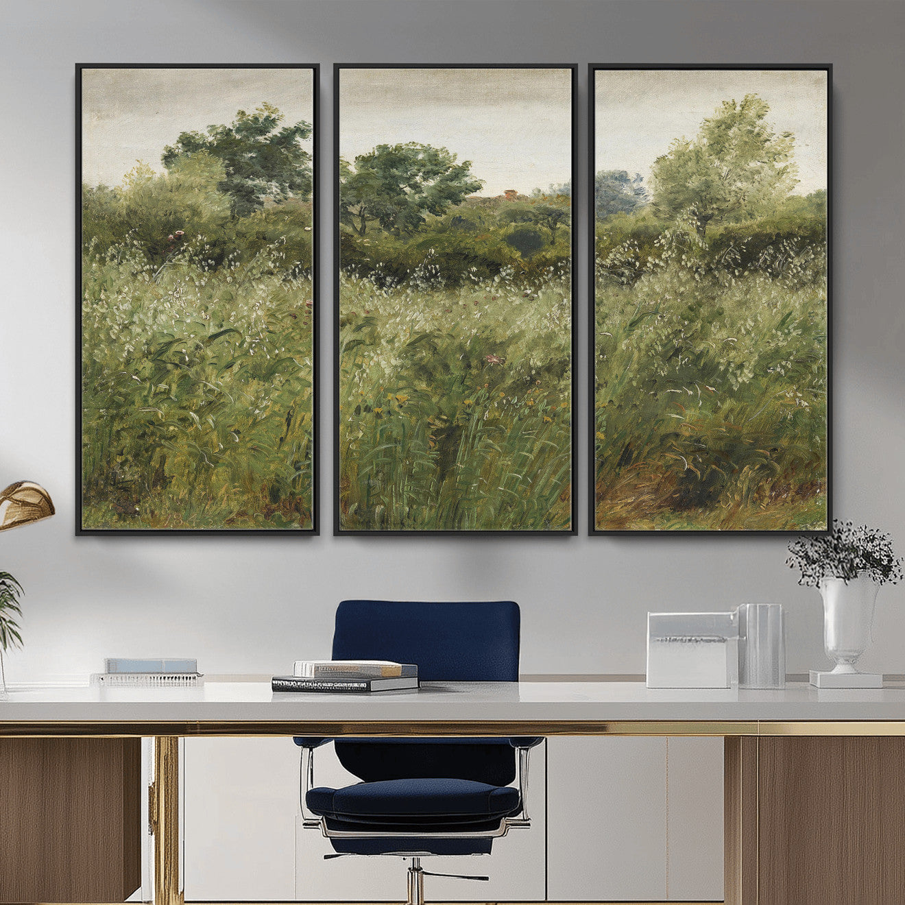 92328261-MGV-CV-36X24 - Wildflower Meadow Canvas Wall Art, Impressionist Overgrown Field Painting Print, Vintage Green Nature Decor, Cottagecore Botanical Art, Living Room Print