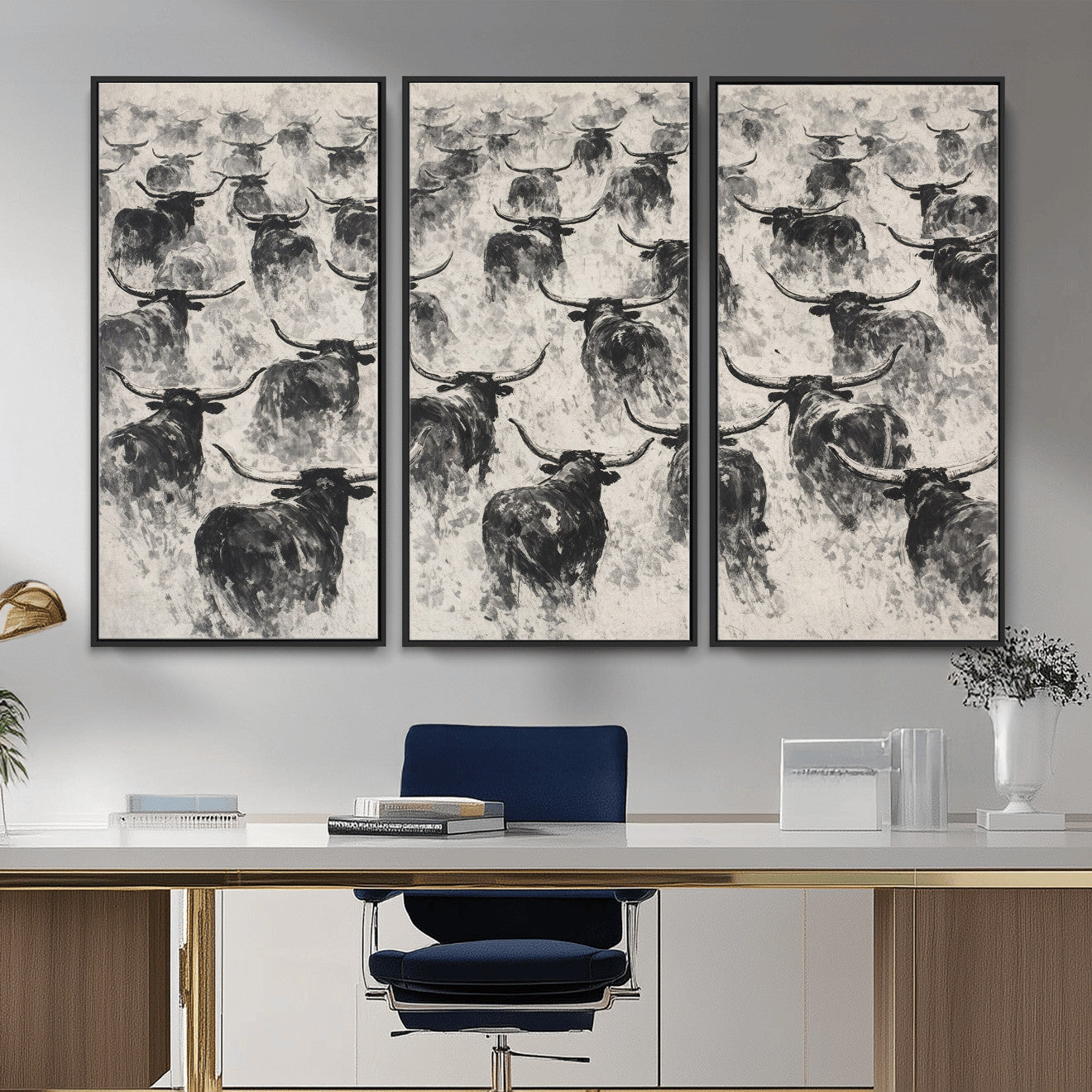 73328525-MGV-CV-36X24 - Texas Longhorn Drawing Canvas Wall Art, Western Cattle Stampede Painting Print, Warm Amber Ranch Decor, Rustic Cowboy Home Art, Large Living Room Decor