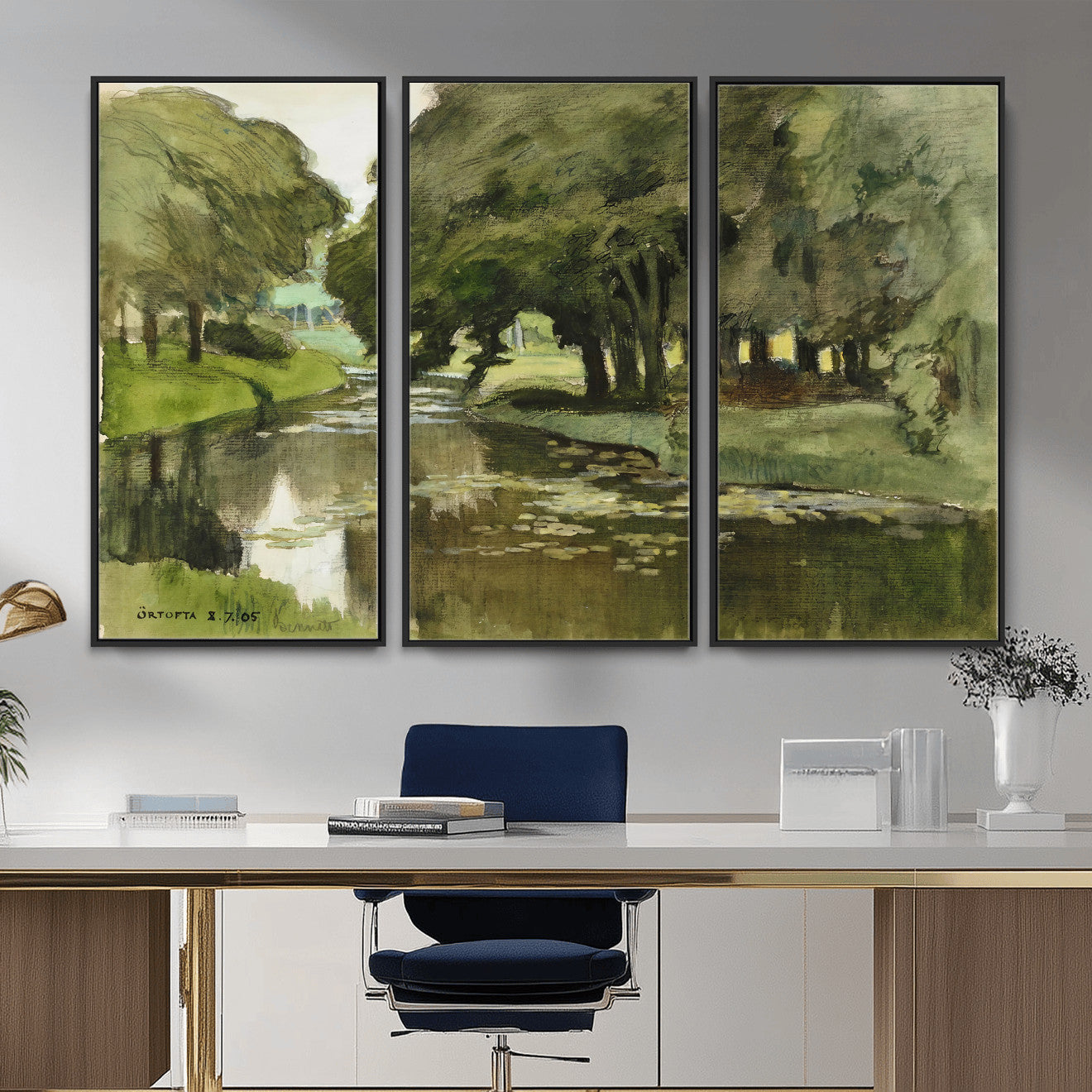 54446767-MGV-CV-36X24 - Anders Zorn Watercolor Canvas Print, Örtofta 1905 Swedish River Landscape, Impressionist Nature Art, Scandinavian Wall Decor, Plein Air Painting Print