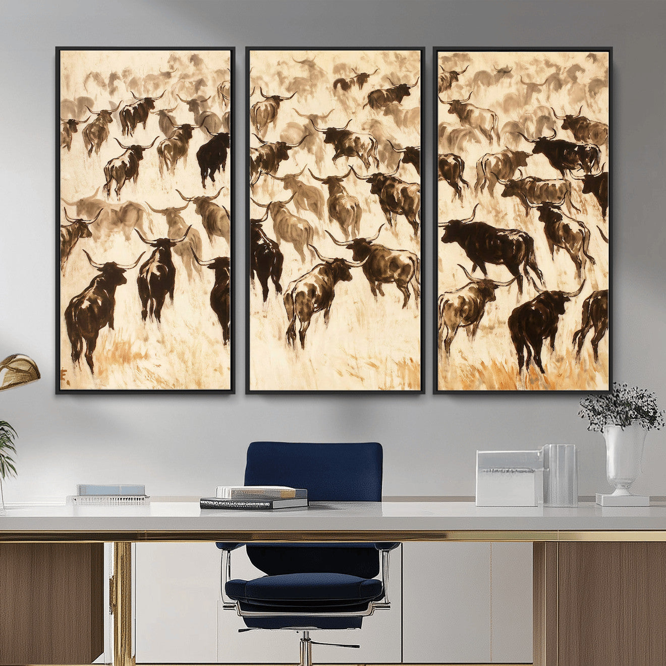 39077774-MGV-CV-36X24 - Texas Longhorn Sepia Canvas Wall Art, Western Cattle Stampede Painting Print, Warm Amber Ranch Decor, Rustic Cowboy Home Art, Large Living Room Decor