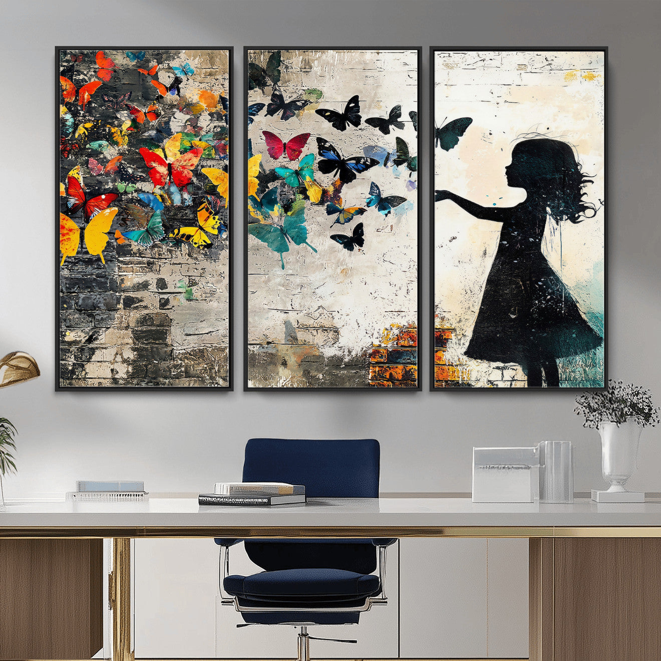 33909022-MGV-CV-36X24 - Banksy Butterfly Girl Wall Art Canvas Print, Framed Street Art Silhouette Graffiti Artwork, Colorful Butterfly Wall Decor for Living Room Bedroom Office