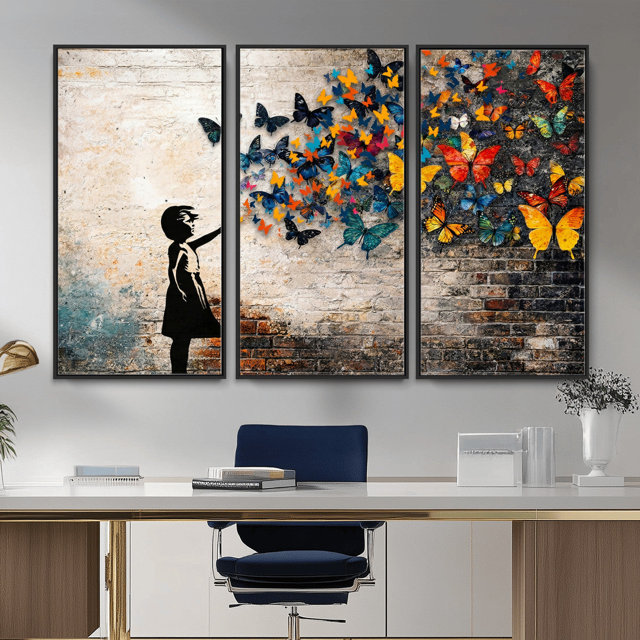 78760384-MGV-CV-36X24 - Banksy Graffiti Butterfly Girl Wall Art Canvas Print, Framed Street Art Canvas Print, Silhouette Butterfly Wall Art for Living Room Bedroom Office