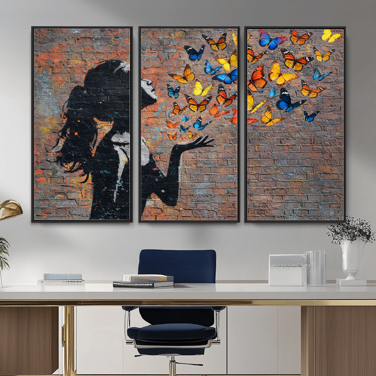 10555939-MGV-CV-36X24 - Urban Banksy Butterfly Girl Wall Art Canvas Print, Framed Street Art Canvas Print, Graffiti Silhouette Butterfly Wall Art for Living Room Bedroom Office