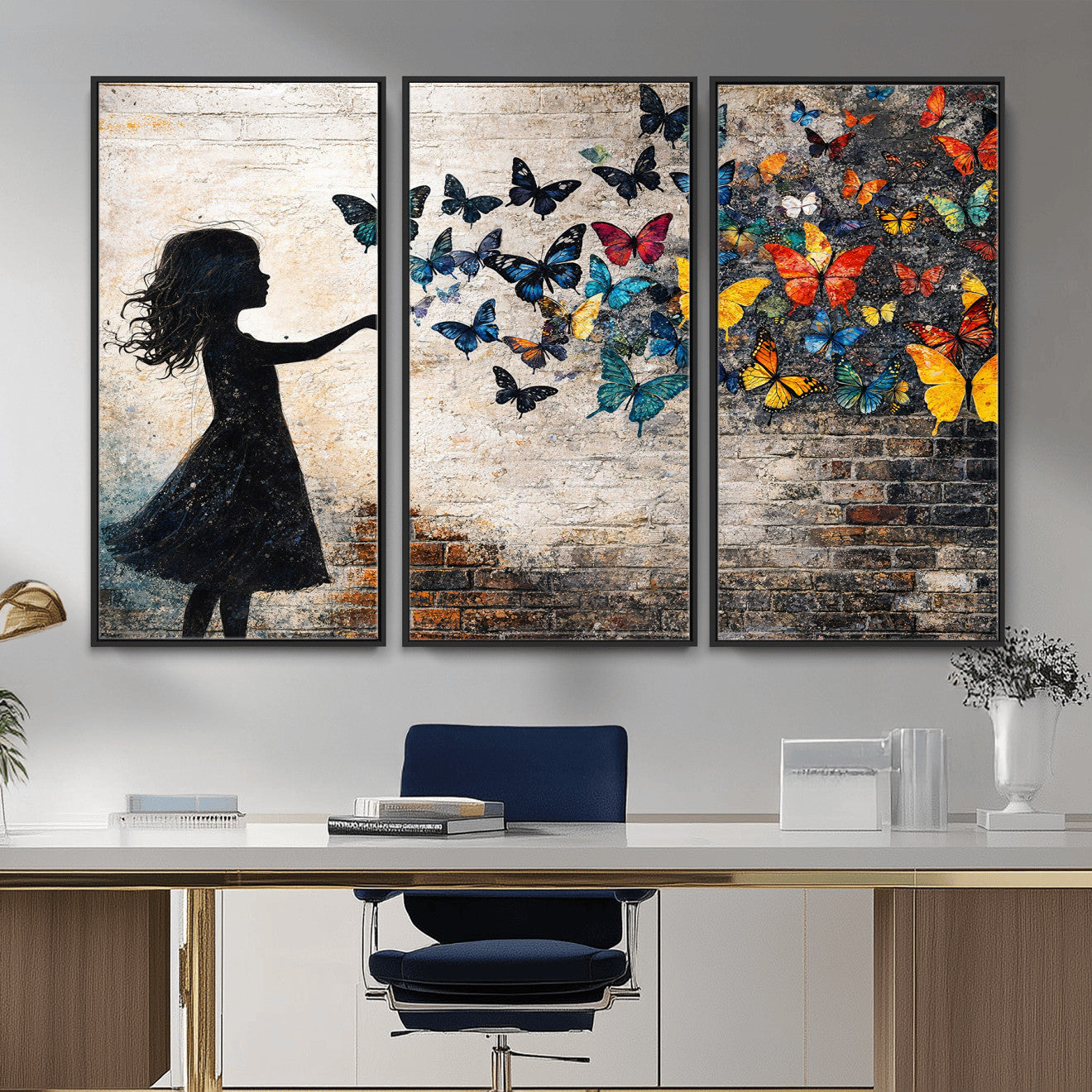 70522594-MGV-CV-36X24 - Banksy Butterfly Girl Wall Art Canvas Print, Framed Street Art Canvas Print, Graffiti Silhouette Butterfly Wall Art for Living Room Bedroom Office