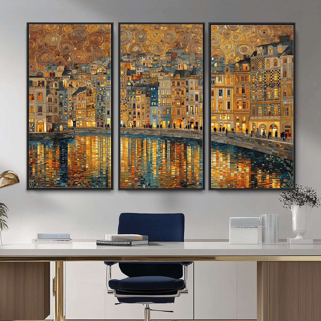 94022787-MGV-CV-36X24 - Gustav Klimt Golden Cityscape Wall Art Canvas Print, Framed River Town Landscape Artwork, Ornate Architecture Wall Decor for Living Room Bedroom Office