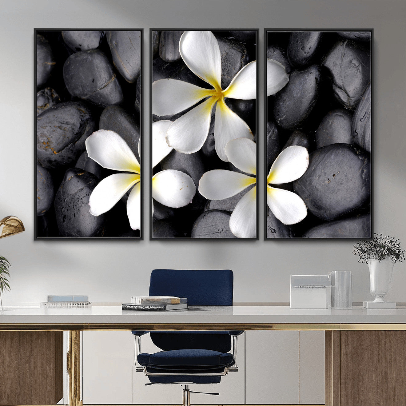 43639613-MGV-CV-36X24 - Plumeria Frangipani Black Stone Canvas | White Flower Spa Photography Print | Tropical Zen Wall Art | Grey Pebble Floral Decor
