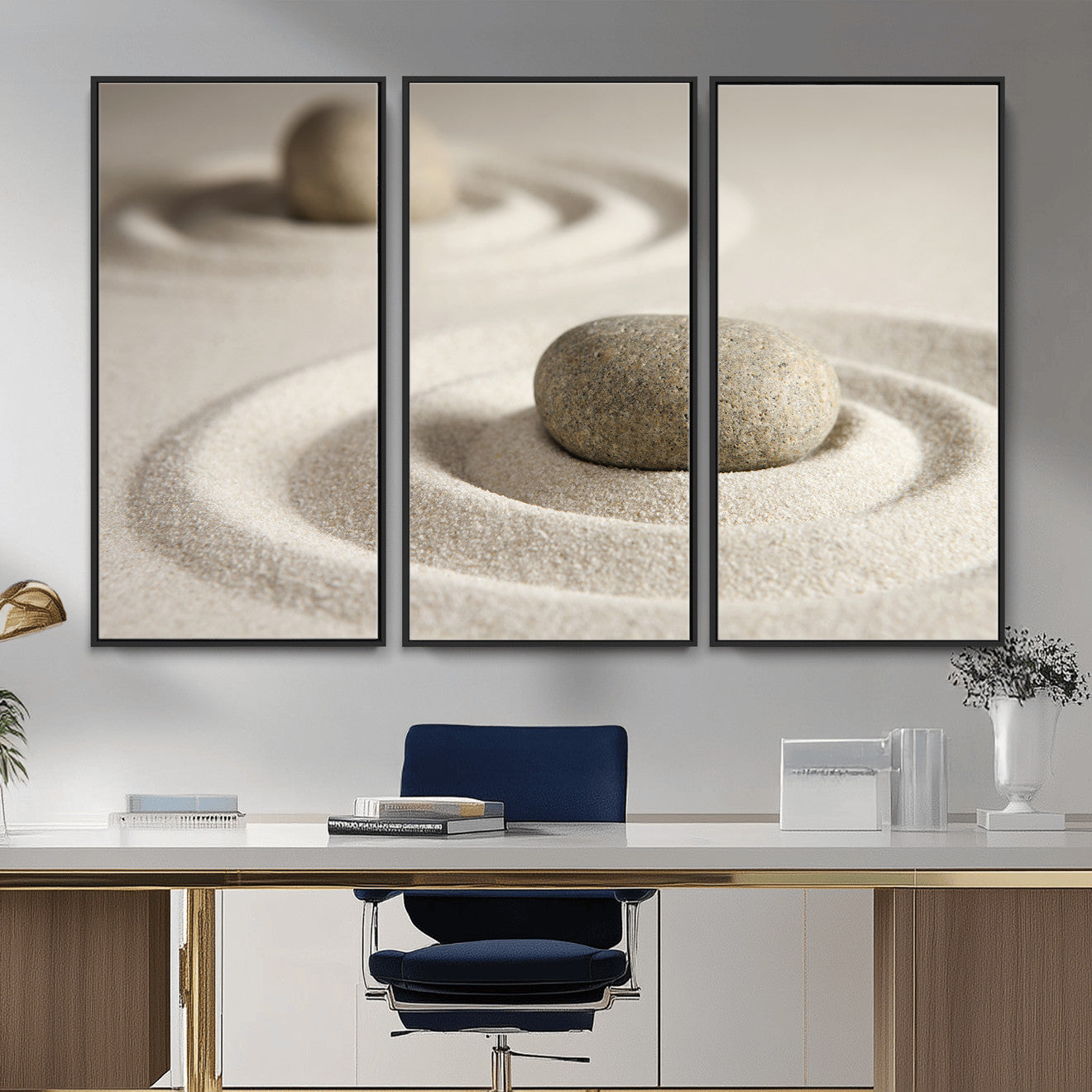 13397966-MGV-CV-36X24 - Zen Garden Stone Sand Canvas | Japanese Rock Garden Wall Art | Minimalist Meditation Print | Neutral Beige Mindfulness Decor
