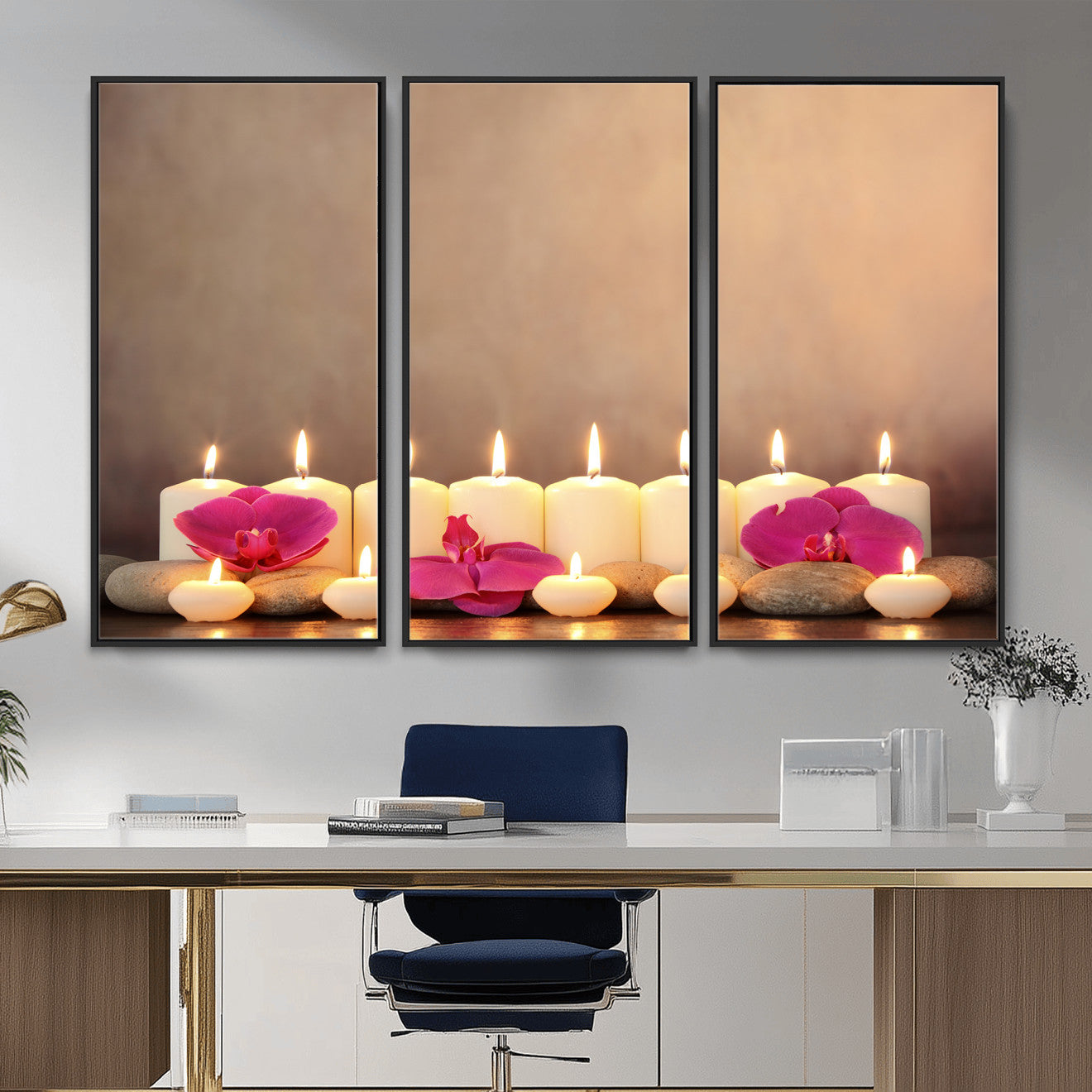 59470569-MGV-CV-36X24 - Spa Candles Orchid Canvas Print | Zen Wellness Relaxation Wall Art | Pink Flower Candlelight Bathroom Decor | Calm Beige Photography