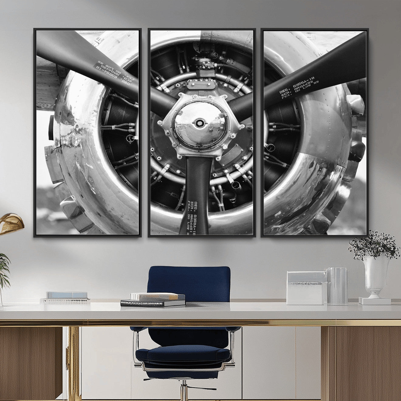 73322230-MGV-CV-36X24 - Vintage Propeller Plane Wall Art Canvas Print, Black and White Airplane Engine Close Up Framed Aviation Artwork for Pilot Office Hangar Decor