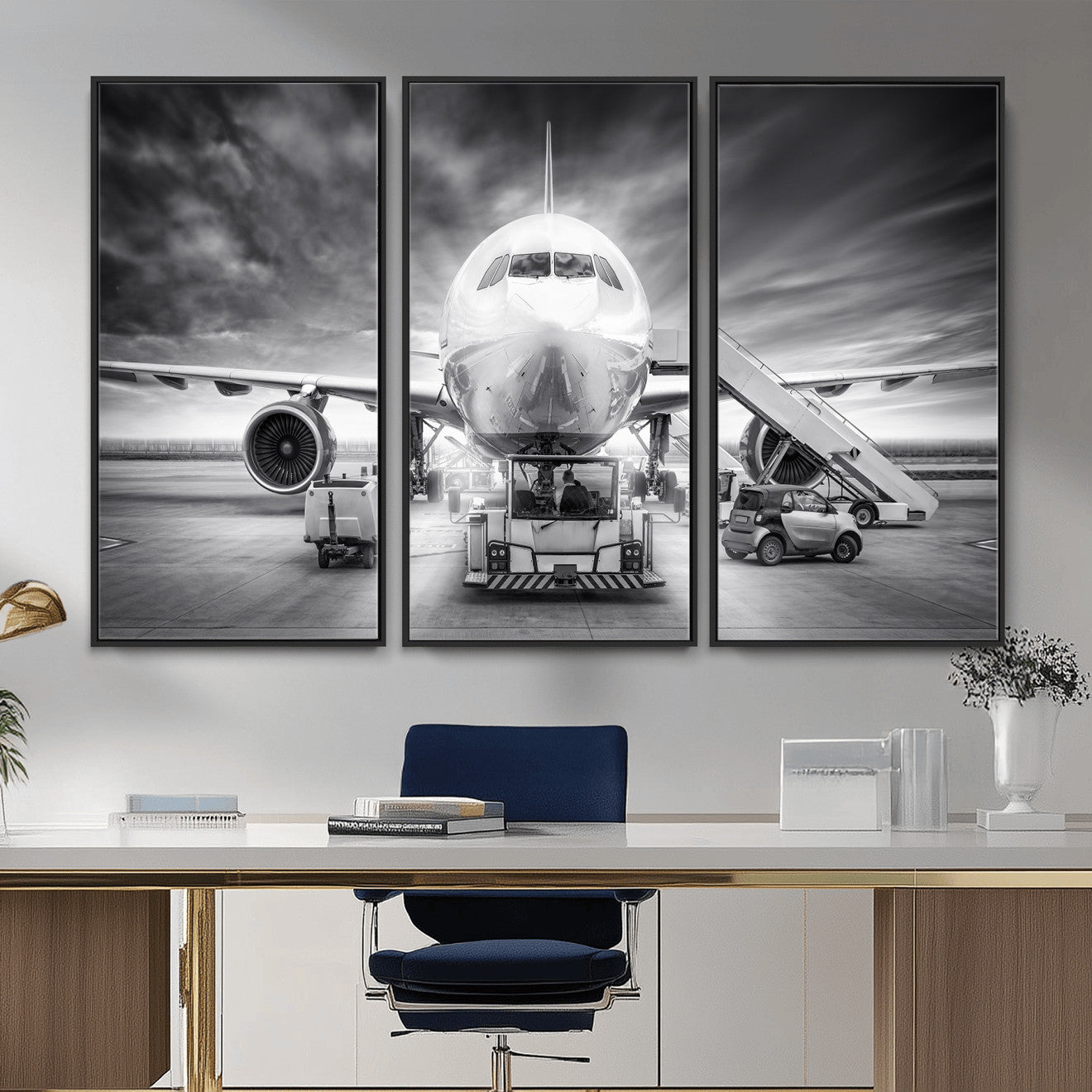85885848-MGV-CV-36X24 - Airplane Wall Art Canvas Print, Black and White Jet Aircraft Airport Runway Framed Aviation Artwork for Pilot Office Hangar Travel Decor