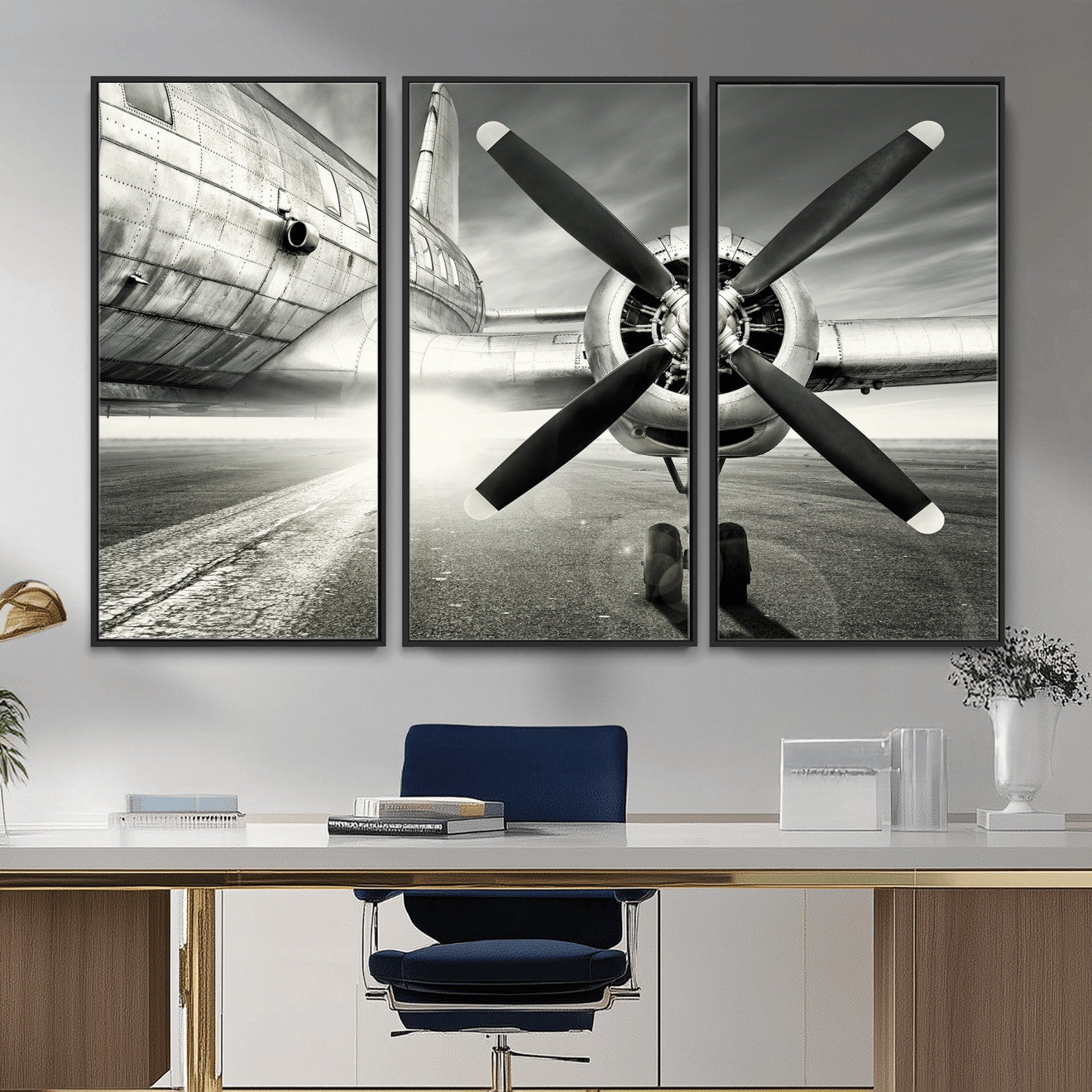 16420255-MGV-CV-36X24 - Vintage Airplane Wall Art Canvas Print, Black and White Propeller Aircraft Framed Aviation Artwork for Pilot Office Hangar Living Room Decor