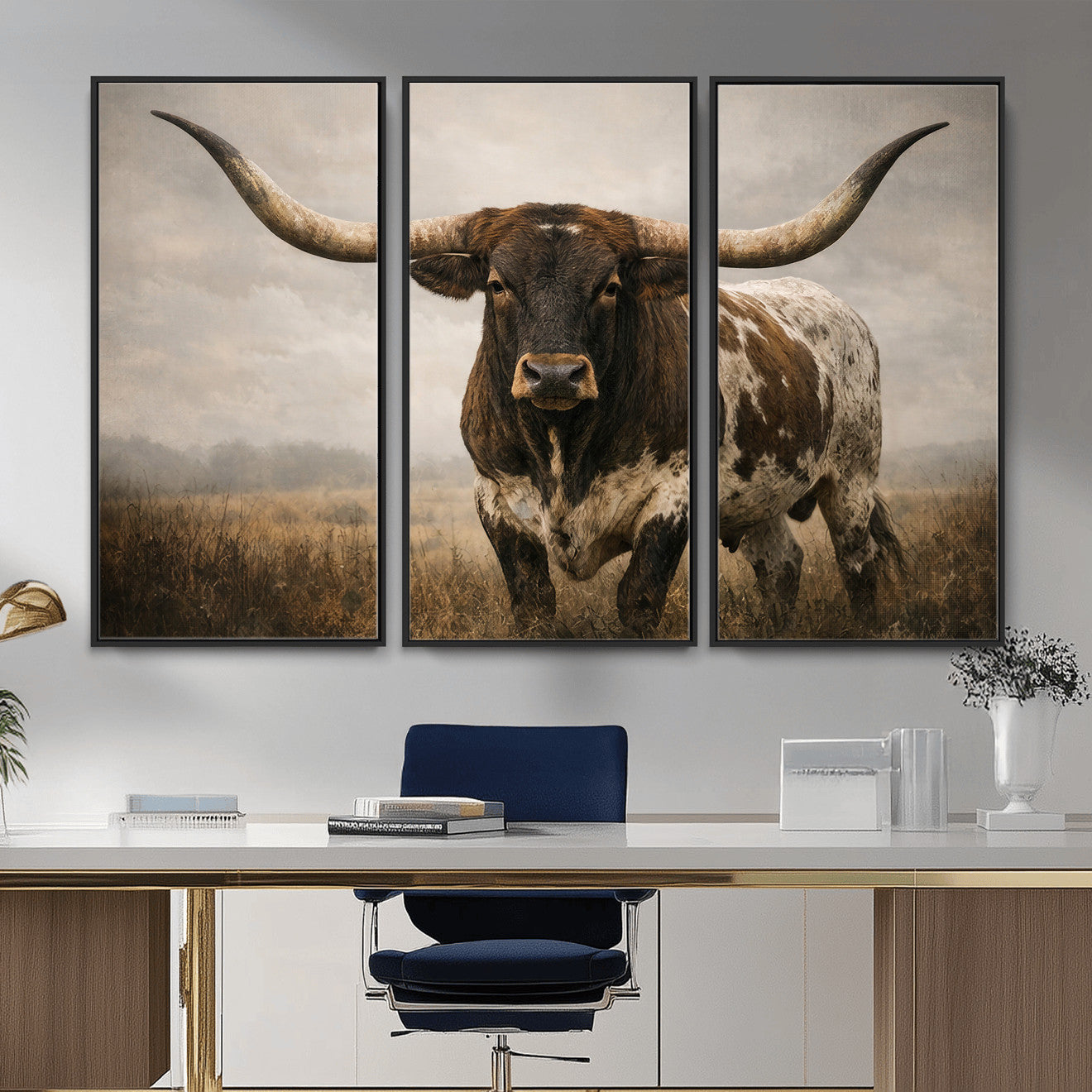 17622011L-MGV-CV-36X24 - Longhorn Bull Wall Art Canvas Print, Western Farmhouse Cowboy Decor, Rustic Texas Ranch Cattle Artwork for Living Room Bedroom Office, Framed Wall Decor