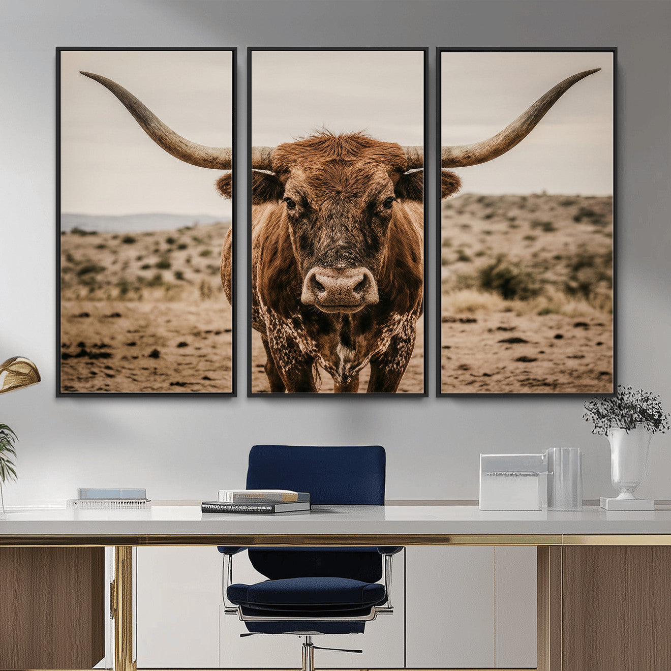 17622011K-MGV-CV-36X24 - Texas Longhorn Bull Wall Art Canvas Print, Western Farmhouse Cowboy Decor, Rustic Texas Ranch Cattle Artwork for Living Room Bedroom Office, Framed Wall Decor