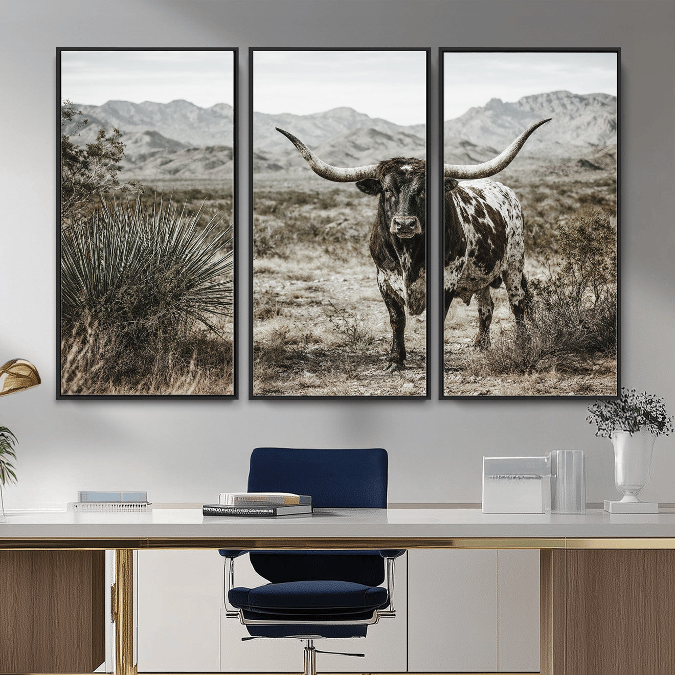 17622011H-MGV-CV-36X24 - Texas Longhorn Bull Wall Art Canvas Print, Western Farmhouse Cowboy Decor, Rustic Texas Ranch Cattle Artwork for Living Room Bedroom Office, Framed Wall Decor
