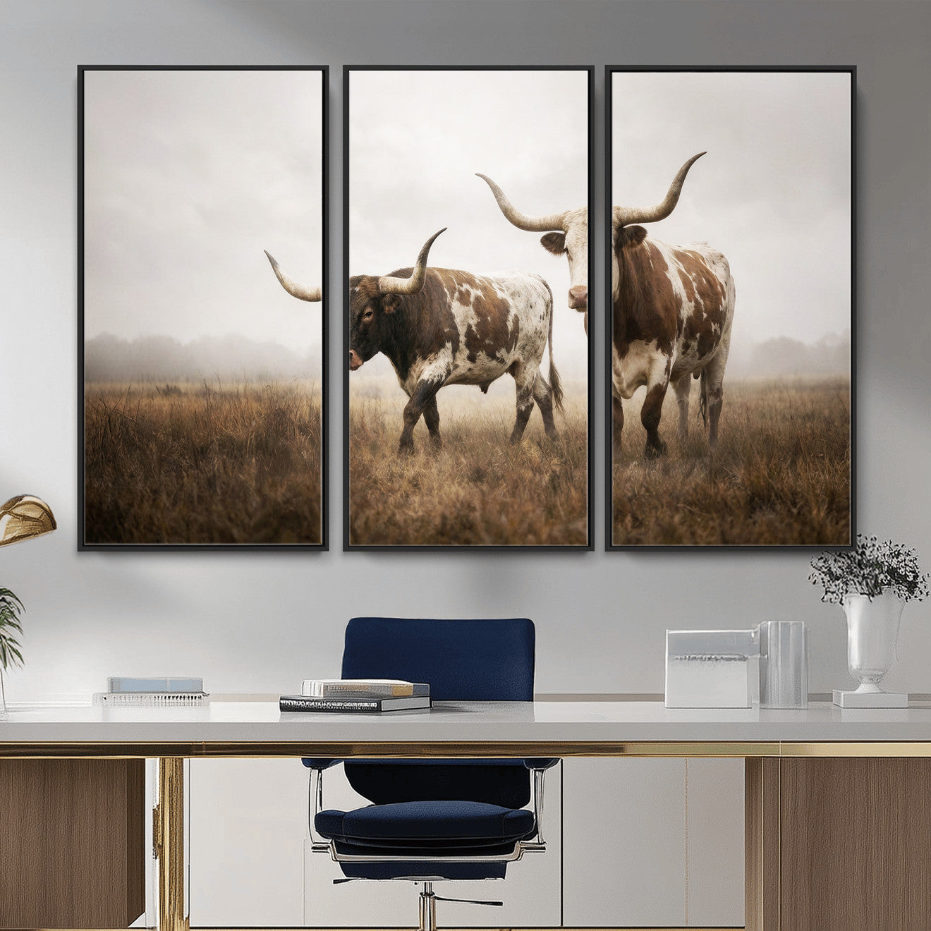 92881702-MGV-CV-36X24 - Texas Longhorn Canvas Wall Art Western Bull Desert Moody Grey Overcast Rustic Farmhouse Framed Large for Living Room Bedroom Office Decor