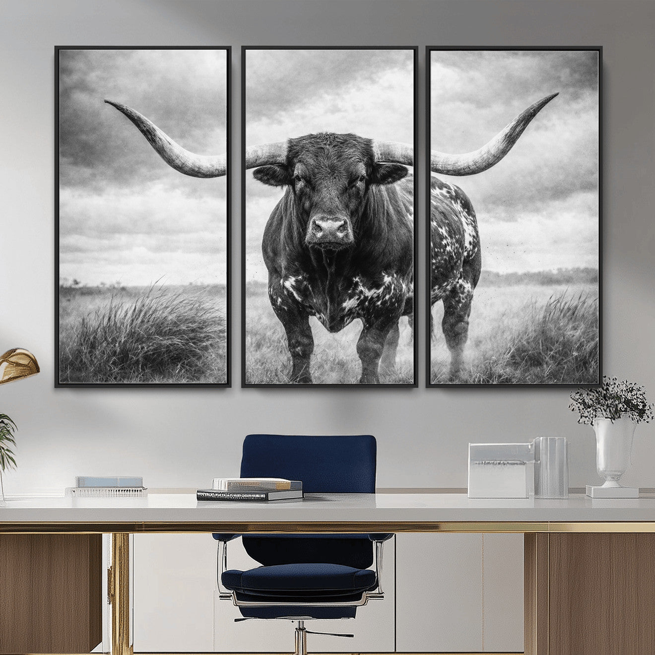 19951238-MGV-CV-36X24 - Texas Longhorn Canvas Wall Art Western Bull Desert Moody Grey Overcast Rustic Farmhouse Framed Large for Living Room Bedroom Office Decor