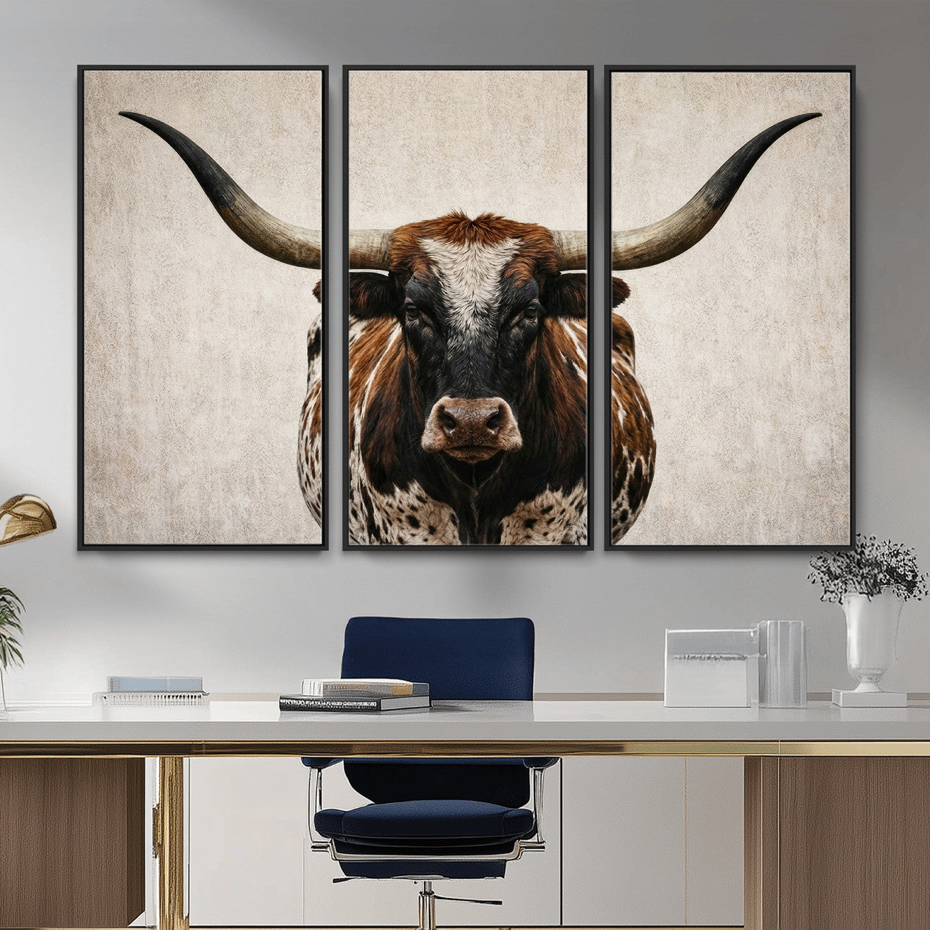 58622065-MGV-CV-36X24 - Texas Longhorn Canvas Wall Art Western Bull Desert Moody Grey Overcast Rustic Farmhouse Framed Large for Living Room Bedroom Office Decor