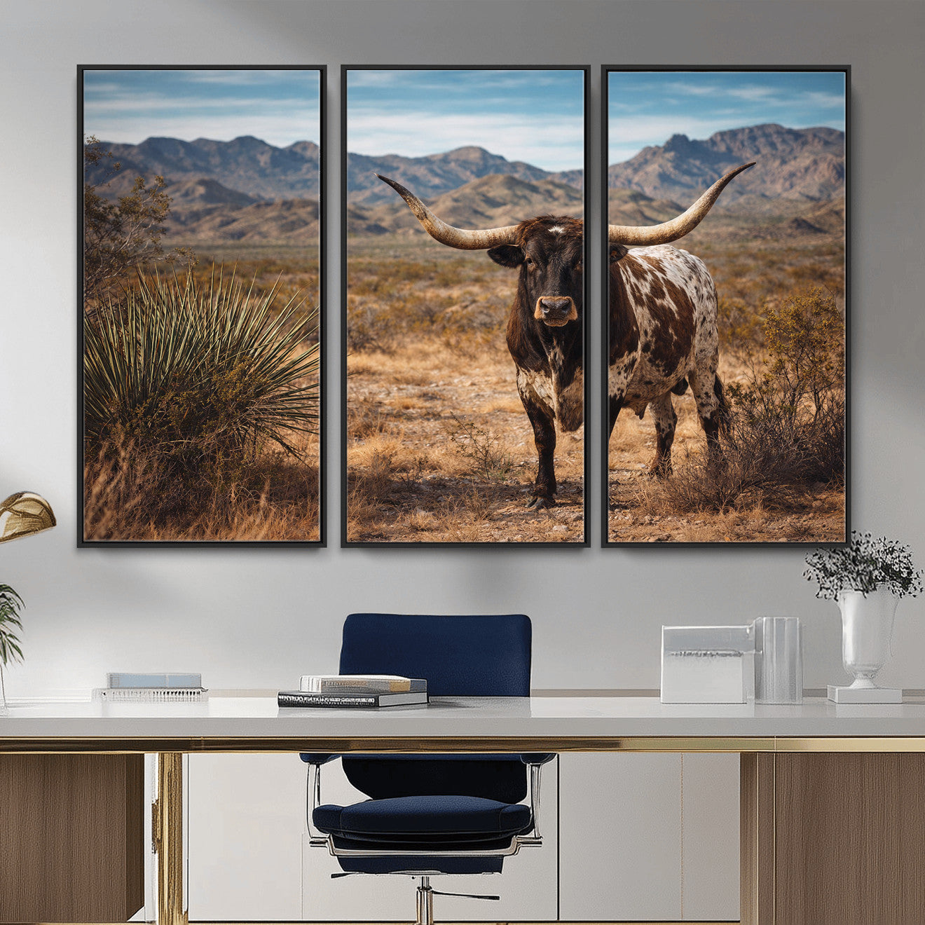26448918-MGV-CV-36X24 - Texas Longhorn Canvas Wall Art Western Bull Desert Moody Grey Overcast Rustic Farmhouse Framed Large for Living Room Bedroom Office Decor