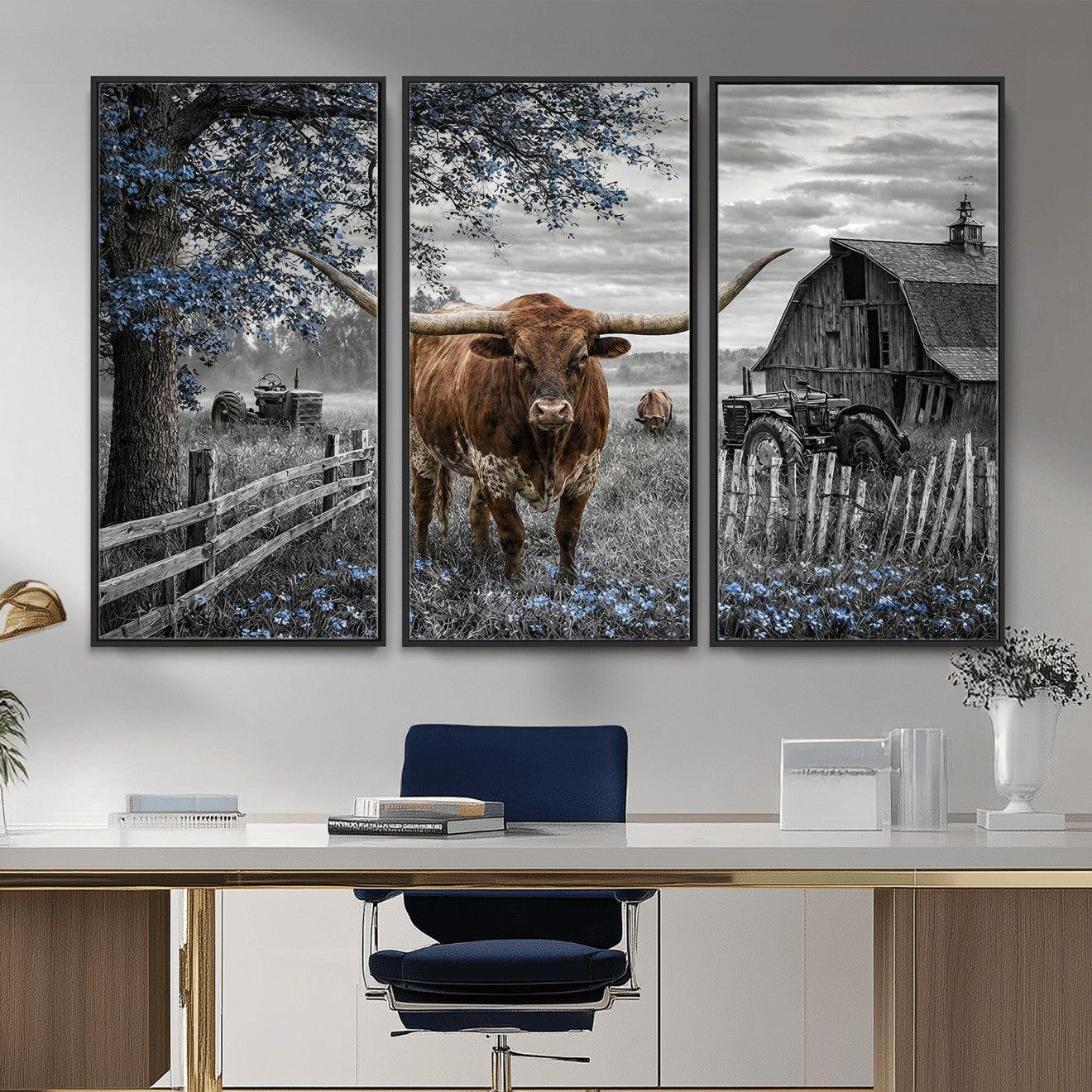 19366343-MGV-CV-36X24 - Texas Longhorn Canvas Wall Art, Rustic Farm Barn Bluebonnet Photography Print, Farmhouse Country Decor, Western Ranch Art, Old Truck Tractor Print