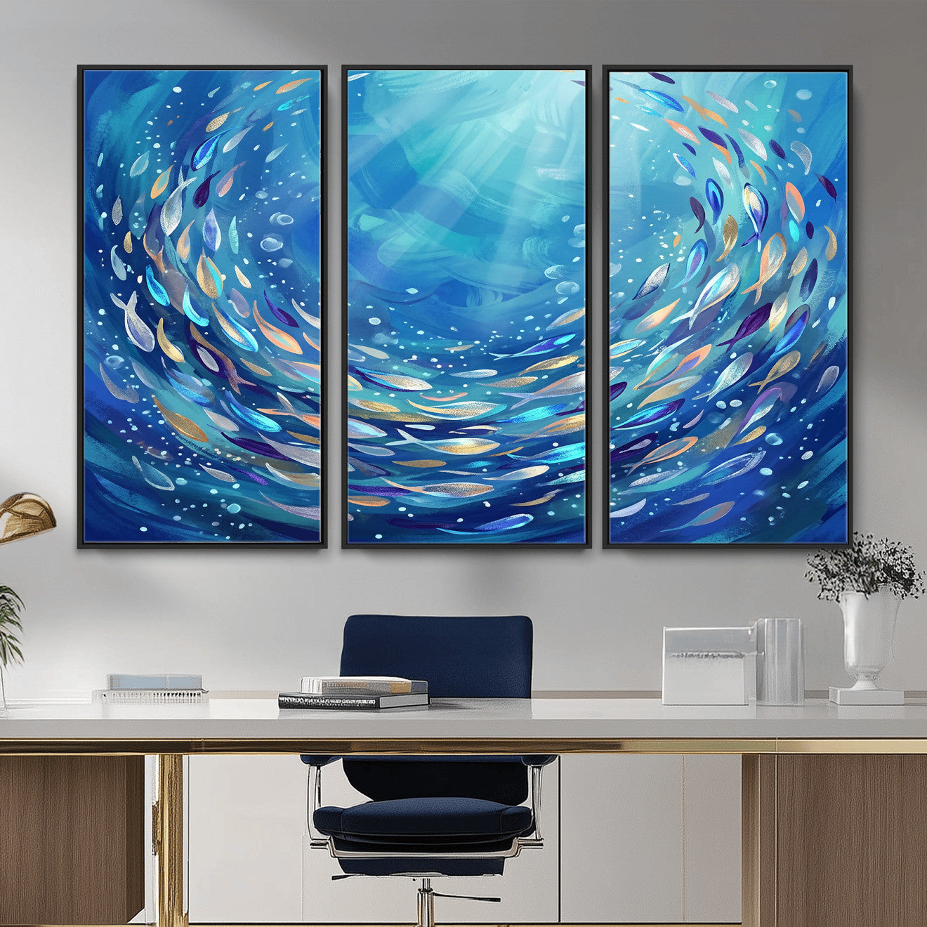 78699899-MGV-CV-36X24 - School of Fish Canvas Print | Blue Ocean Underwater Wall Art | Swirling Fish Shoal Illustration | Marine Navy Coastal Decor