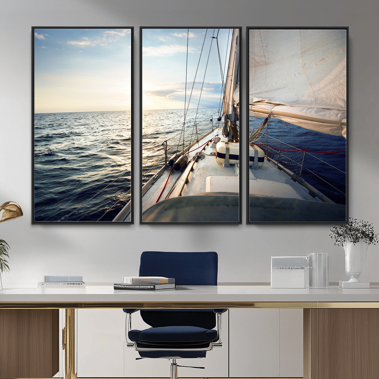76381335-MGV-CV-36X24 - Sailboat Wall Art Canvas Print, Ocean Sunset Sailing Framed Artwork, Coastal Nautical Seascape Decor for Living Room Office Beach House