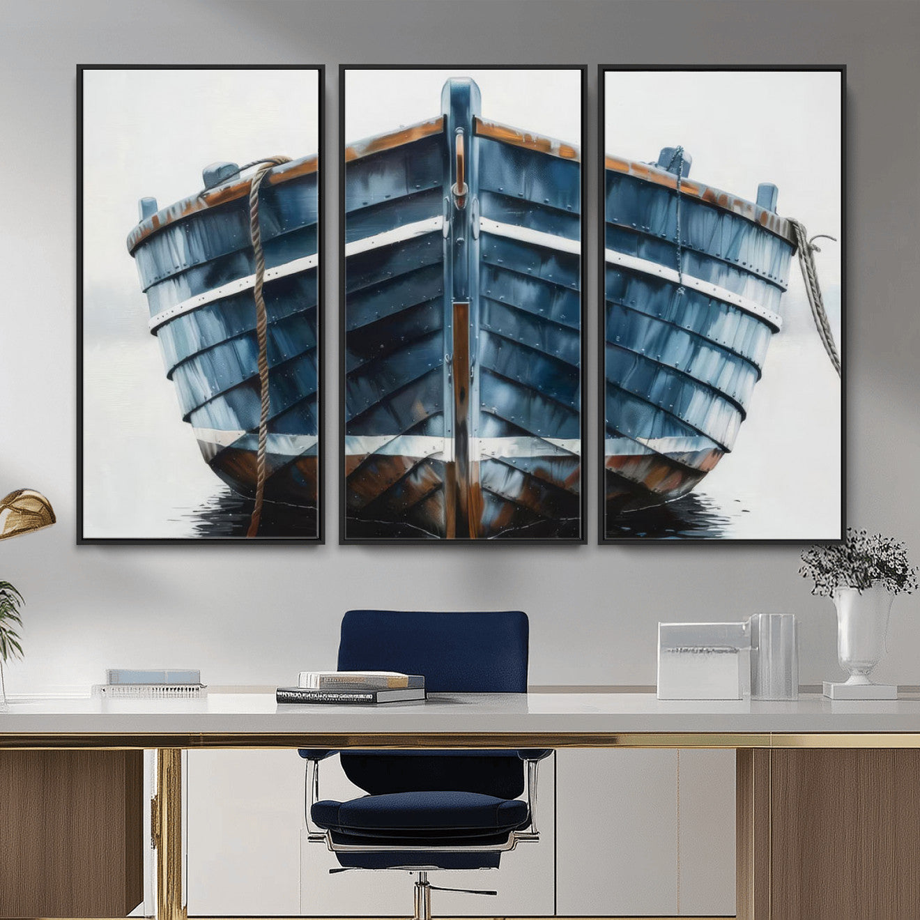 21601740-MGV-CV-36X24 - Blue Wooden Rowboat Canvas Wall Art, Coastal Nautical Boat Painting Print for Lake Beach House Decor, Minimalist Maritime Decor Artwork