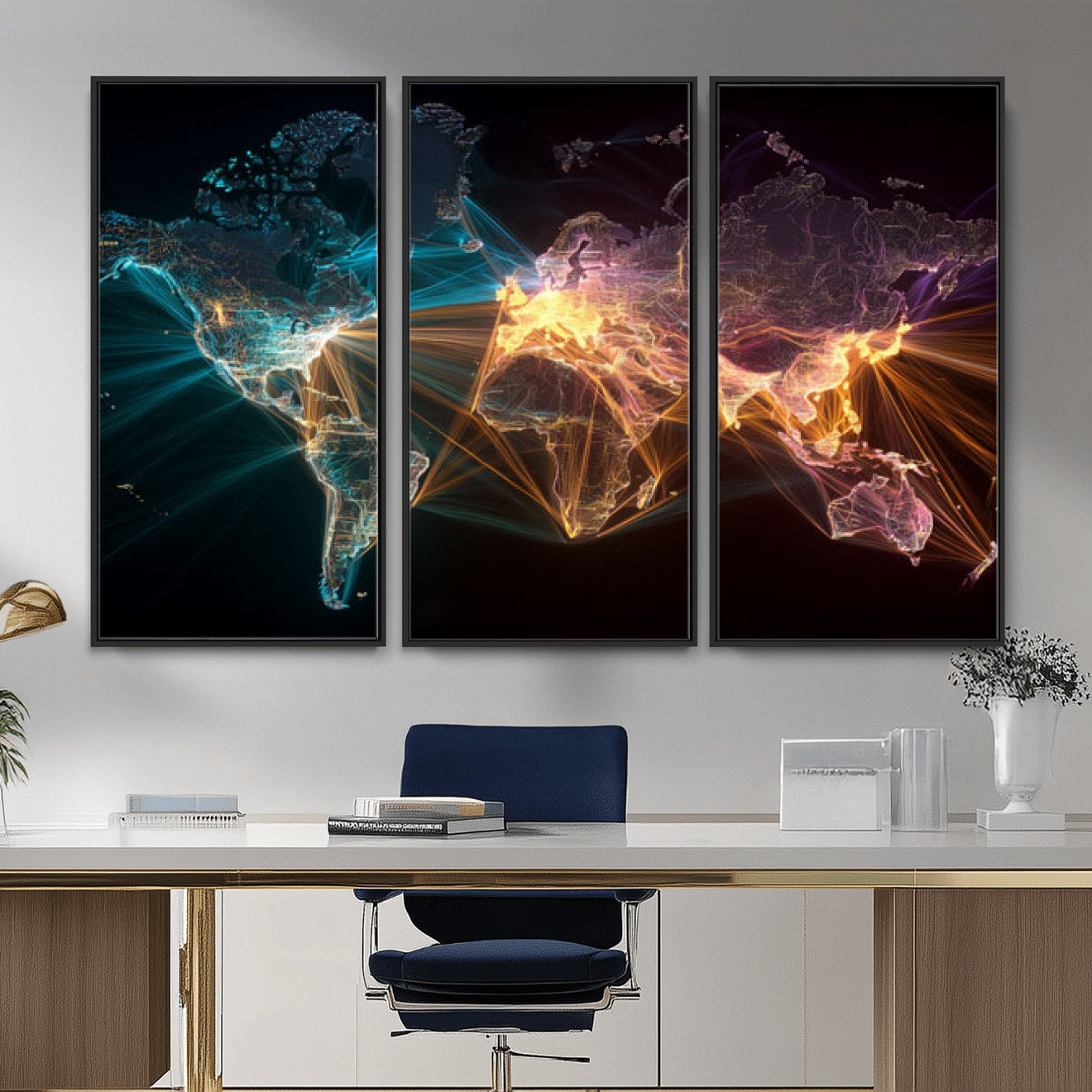 14891737-MGV-CV-36X24 - World Map and Global Flight Routes Map Canvas Wall Art, Worldwide Aviation Network Print, International Air Travel Wall Decor