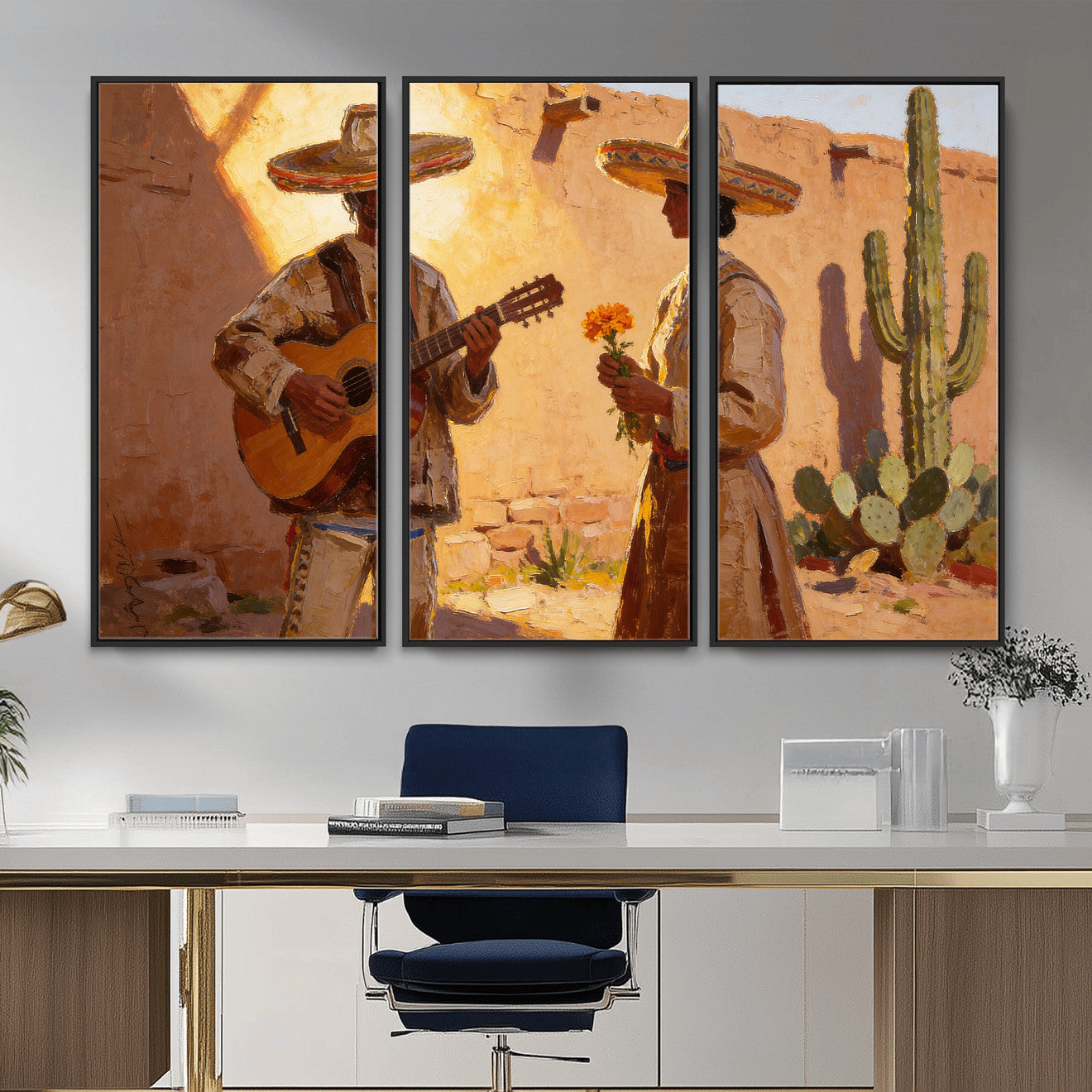 41849005-MGV-CV-36X24 - Mexican Couple Canvas Wall Art, Romantic Serenade Guitar Painting Print, Southwestern Desert Adobe Decor, Warm Golden Folk Art, Living Room Art