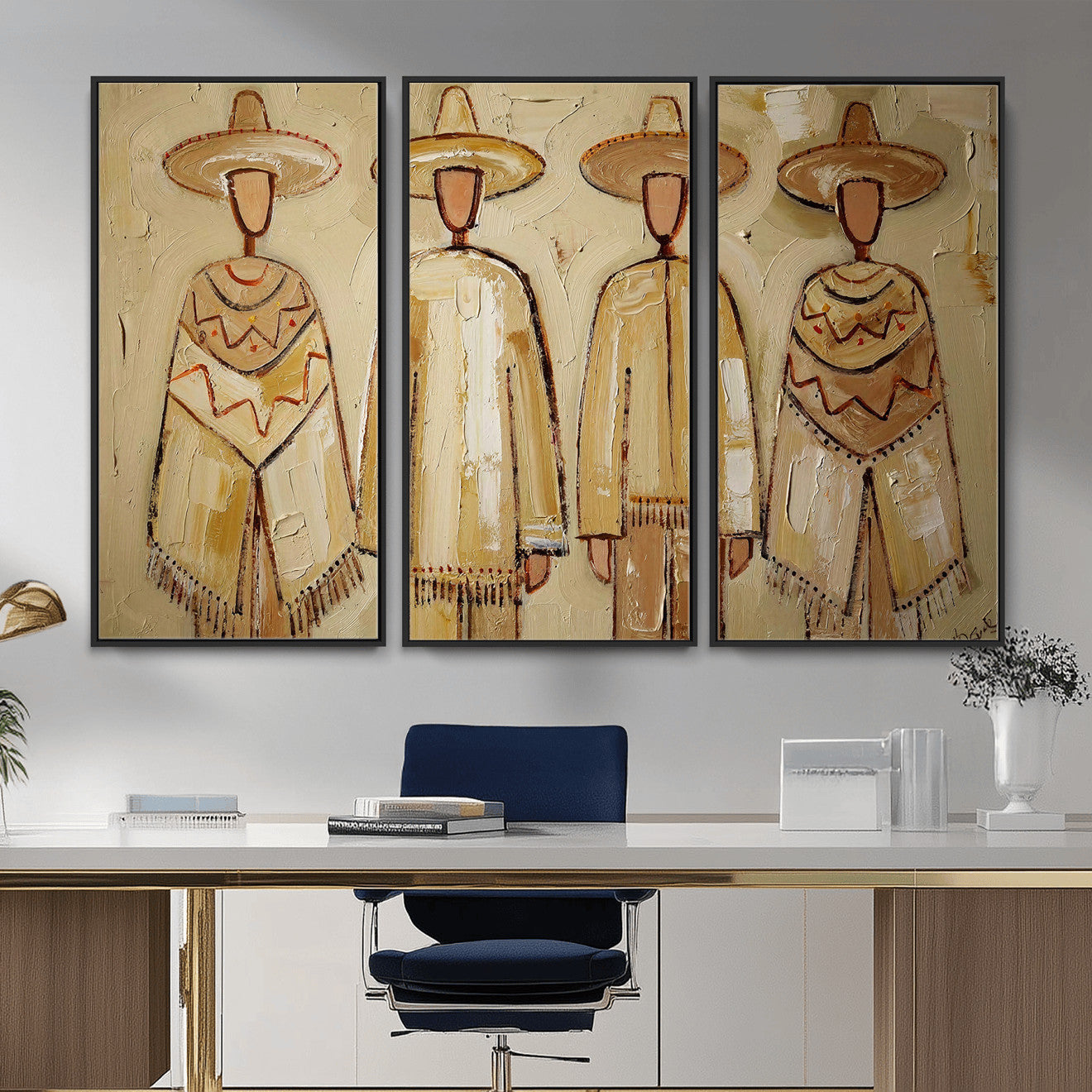 46071653-MGV-CV-36X24 - Mexican Folk Art Canvas Wall Art, Charro Poncho Sombrero Painting Print, Neutral Beige Boho Decor, Southwestern Impasto Style, Living Room Art