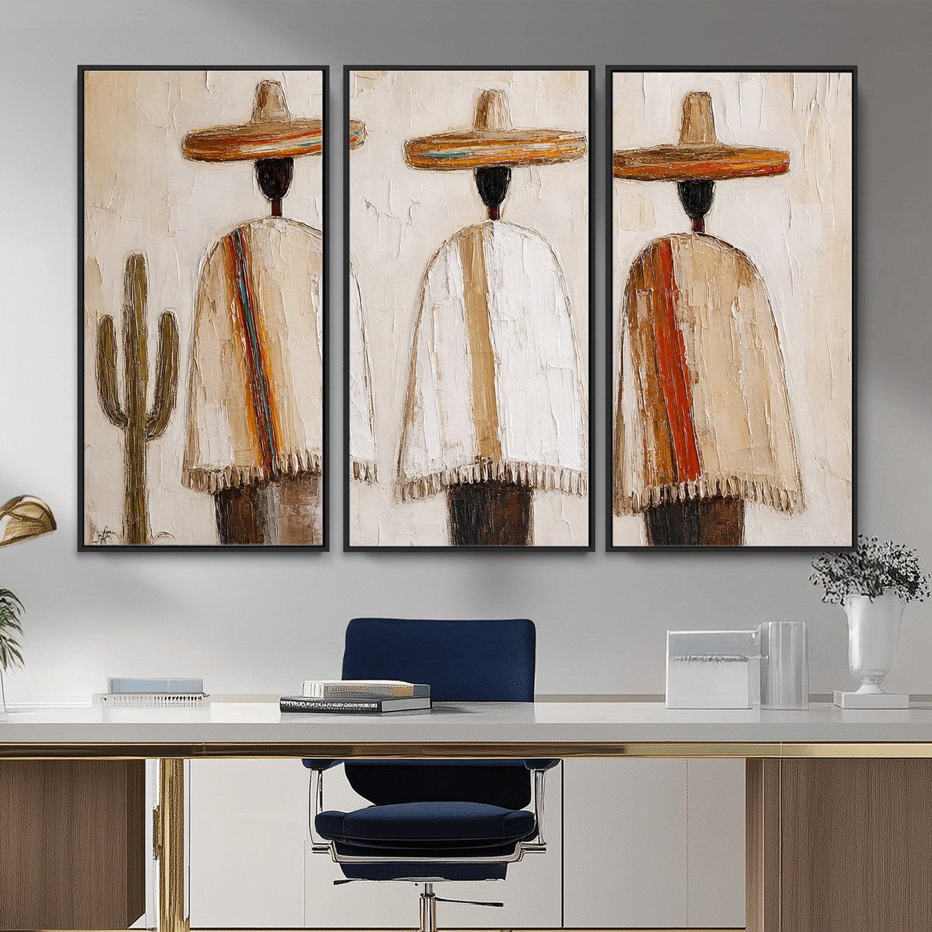 72884785-MGV-CV-36X24 - Mexican Folk Art Canvas Wall Art, Southwestern Sombrero Poncho Painting, Neutral Earthy Boho Decor, Fiesta Living Room Art, Impasto Style Print