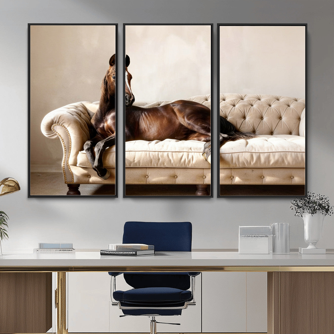 17716841-MGV-CV-36X24 - Funny Horse on Sofa Canvas Wall Art, Quirky Horse Lounging Photo Print, Whimsical Animal Decor, Living Room Conversation Art, Horse Lover Gift