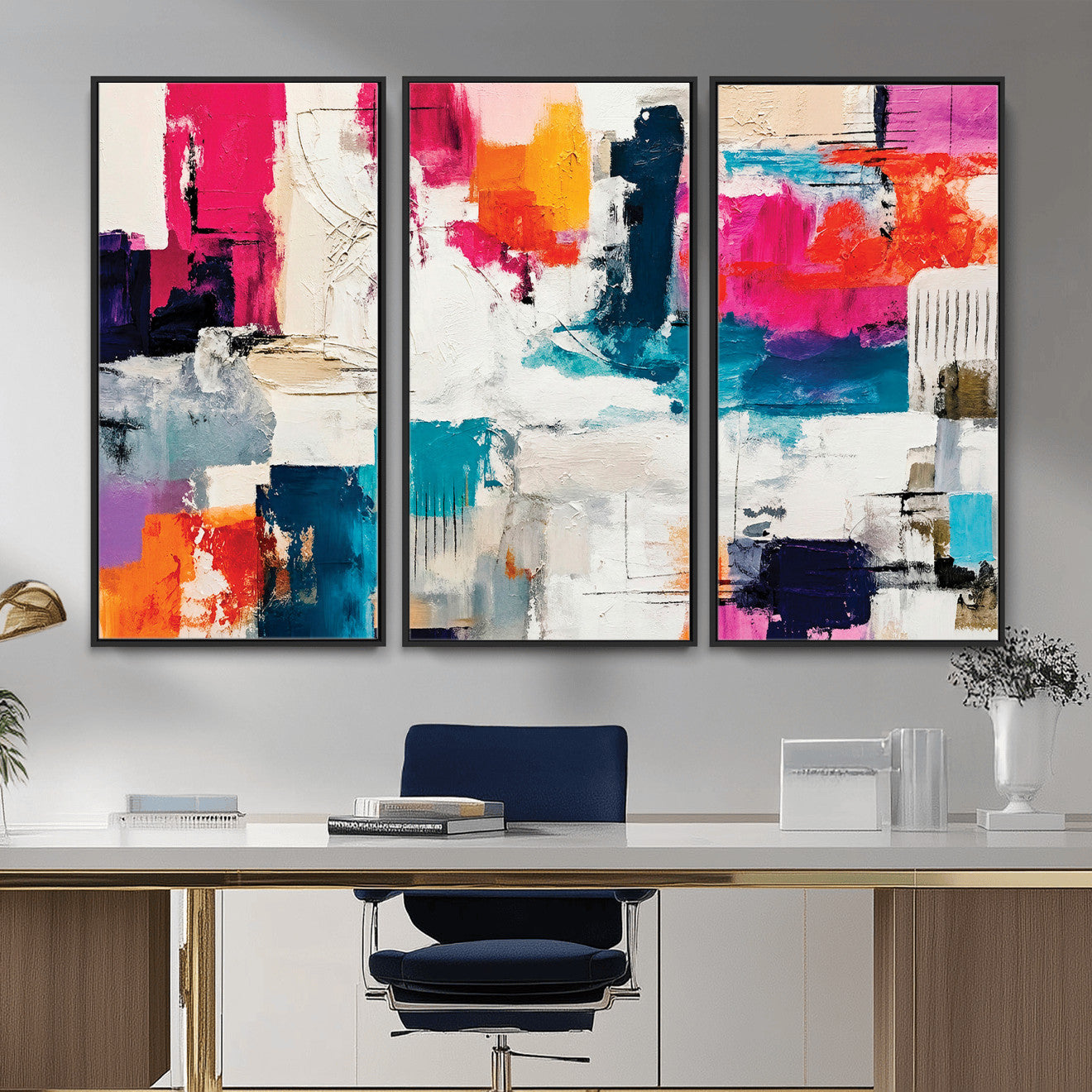 57864023-MGV-CV-36X24 - Blue Teal Abstract Canvas Wall Art | Modern Textured Painting Print, Navy Orange White Contemporary Art, Neutral Living Room Decor, Office Art
