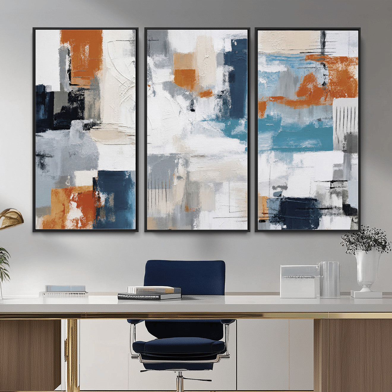 44950303-MGV-CV-36X24 - Blue Teal Abstract Canvas Wall Art, Modern Textured Painting Print, Navy Orange White Contemporary Art, Neutral Living Room Decor, Office Art