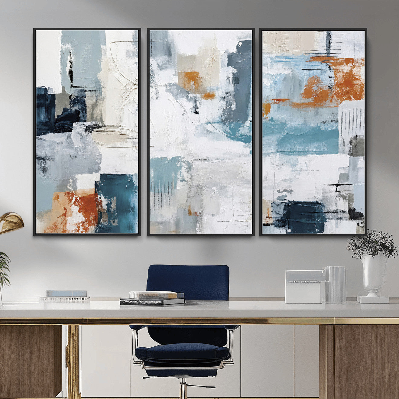 98638479-MGV-CV-36X24 - Blue Teal Abstract Canvas Wall Art, Modern Textured Painting Print, Navy Orange White Contemporary Art, Neutral Living Room Decor, Office Art
