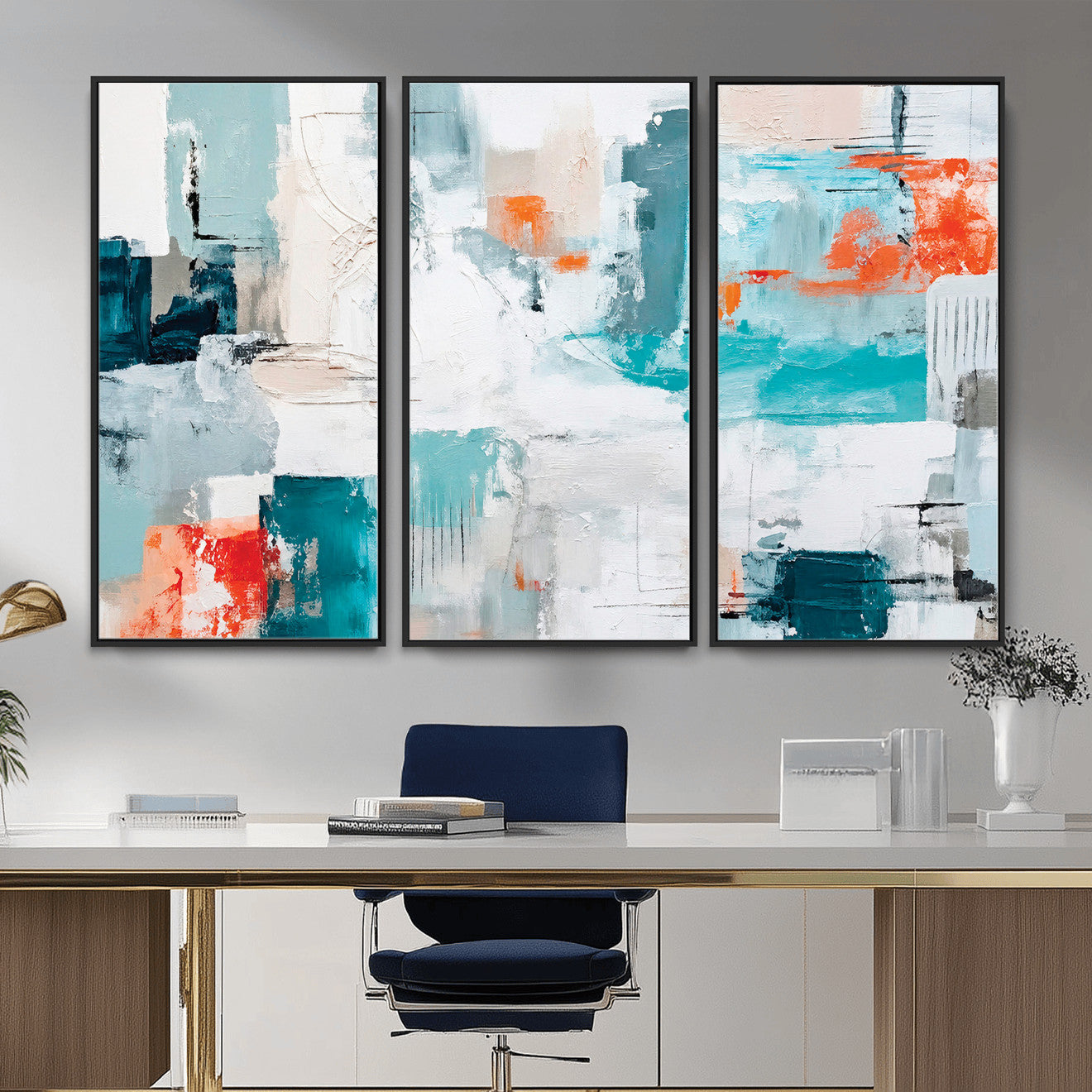 98638479-MGV-CV-36X24 - Blue Teal Abstract Canvas Wall Art | Modern Textured Painting Print, Navy Orange White Contemporary Art, Neutral Living Room Decor, Office Art